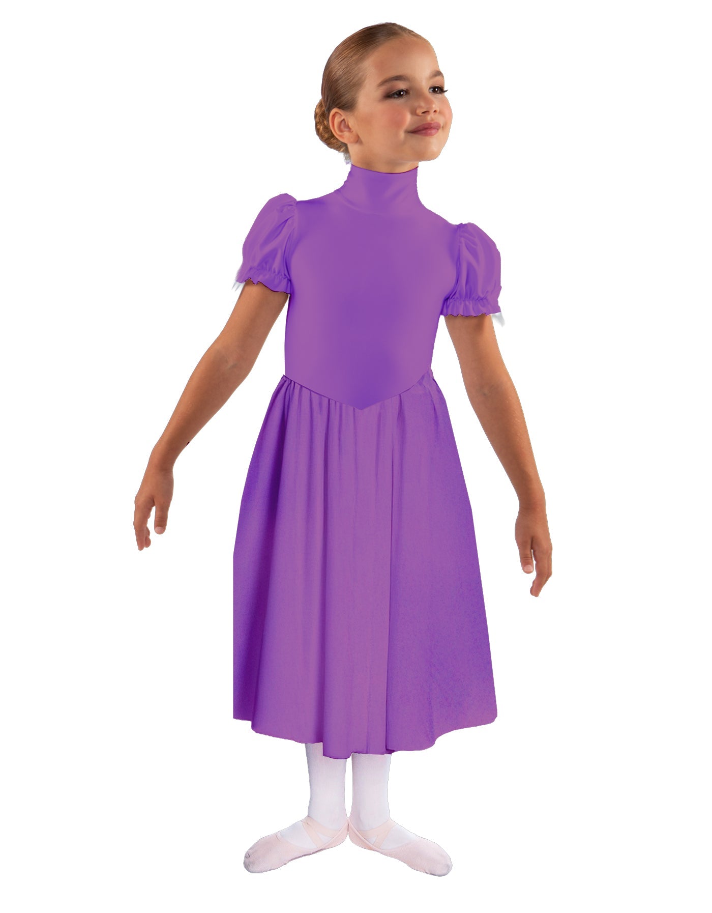 Solid Lycra T Neck Puff Sleeve Dress Below Knee Zipper back