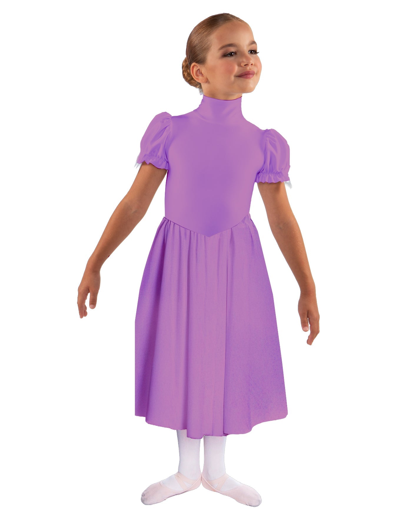 Solid Lycra T Neck Puff Sleeve Dress Below Knee Zipper back