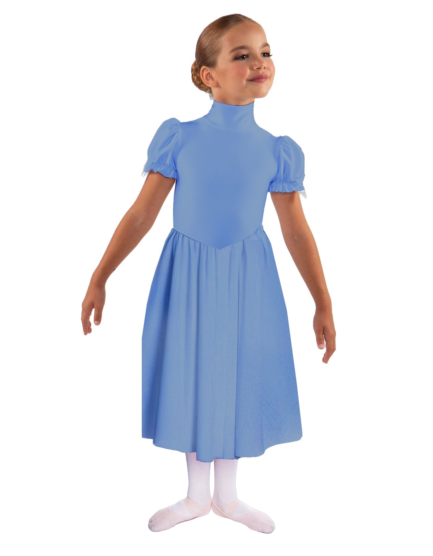 Solid Lycra T Neck Puff Sleeve Dress Below Knee Zipper back