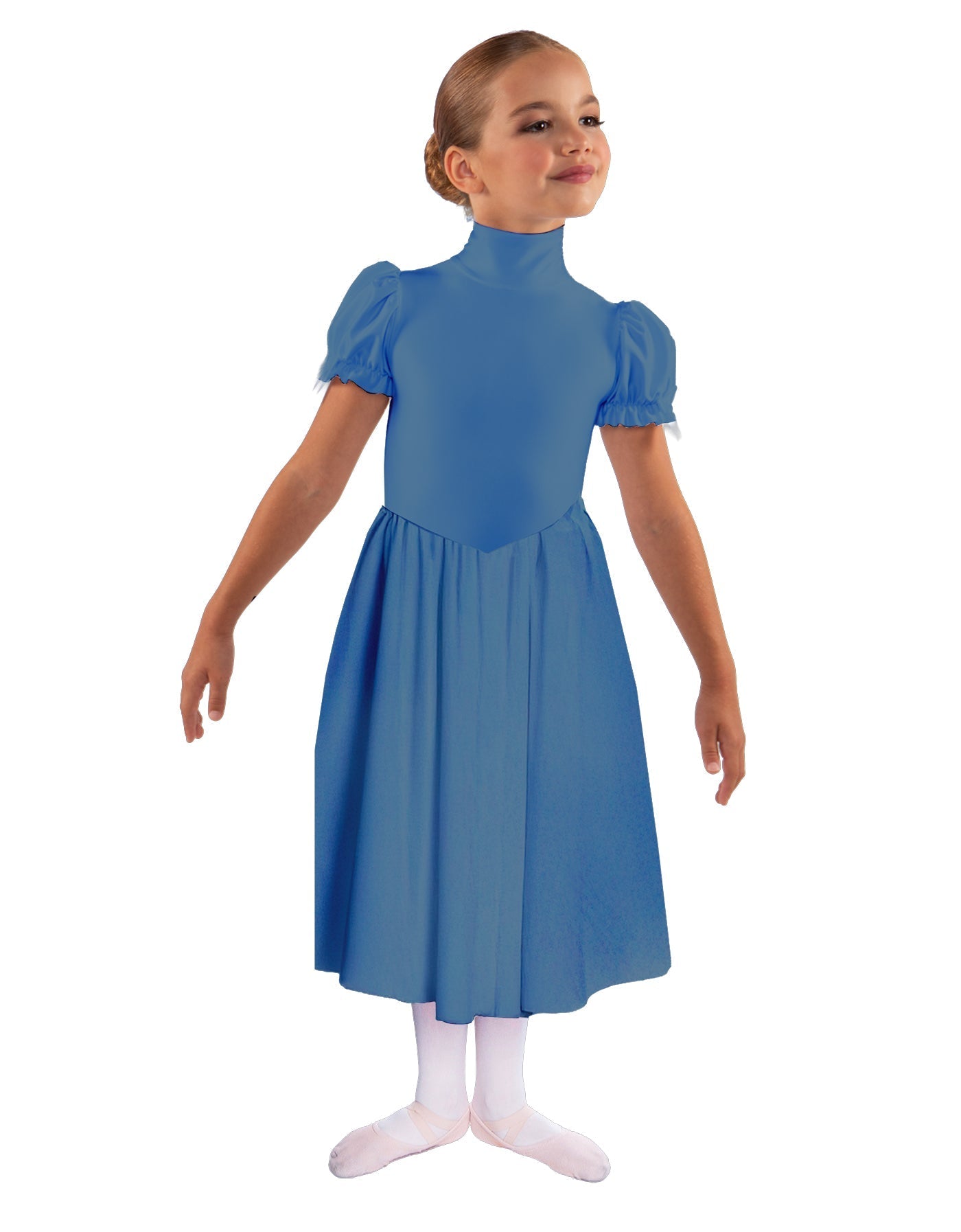 Solid Lycra T Neck Puff Sleeve Dress Below Knee Zipper back