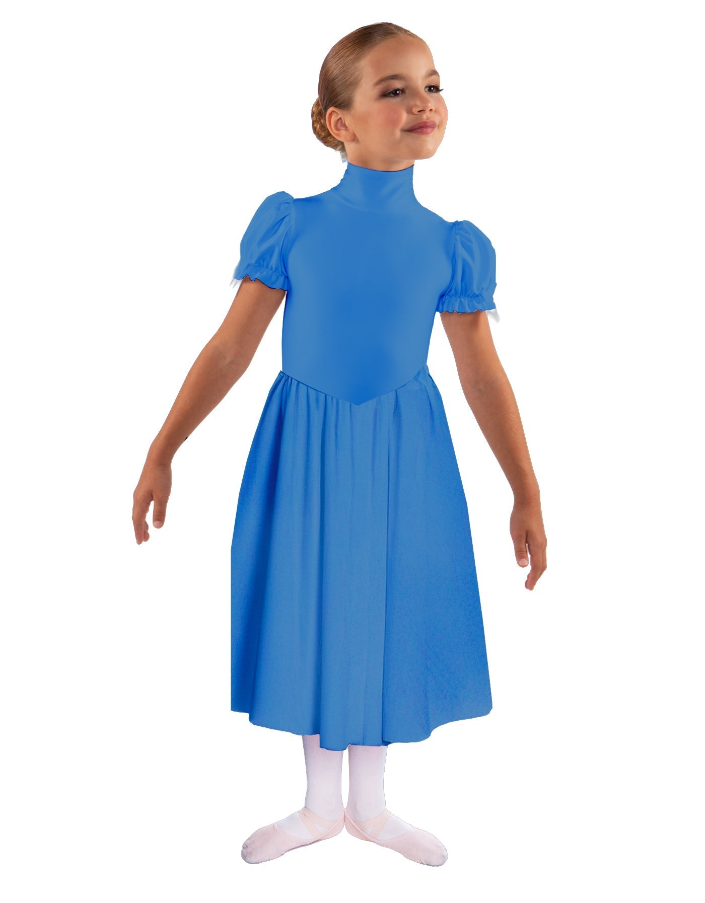 Solid Lycra T Neck Puff Sleeve Dress Below Knee Zipper back