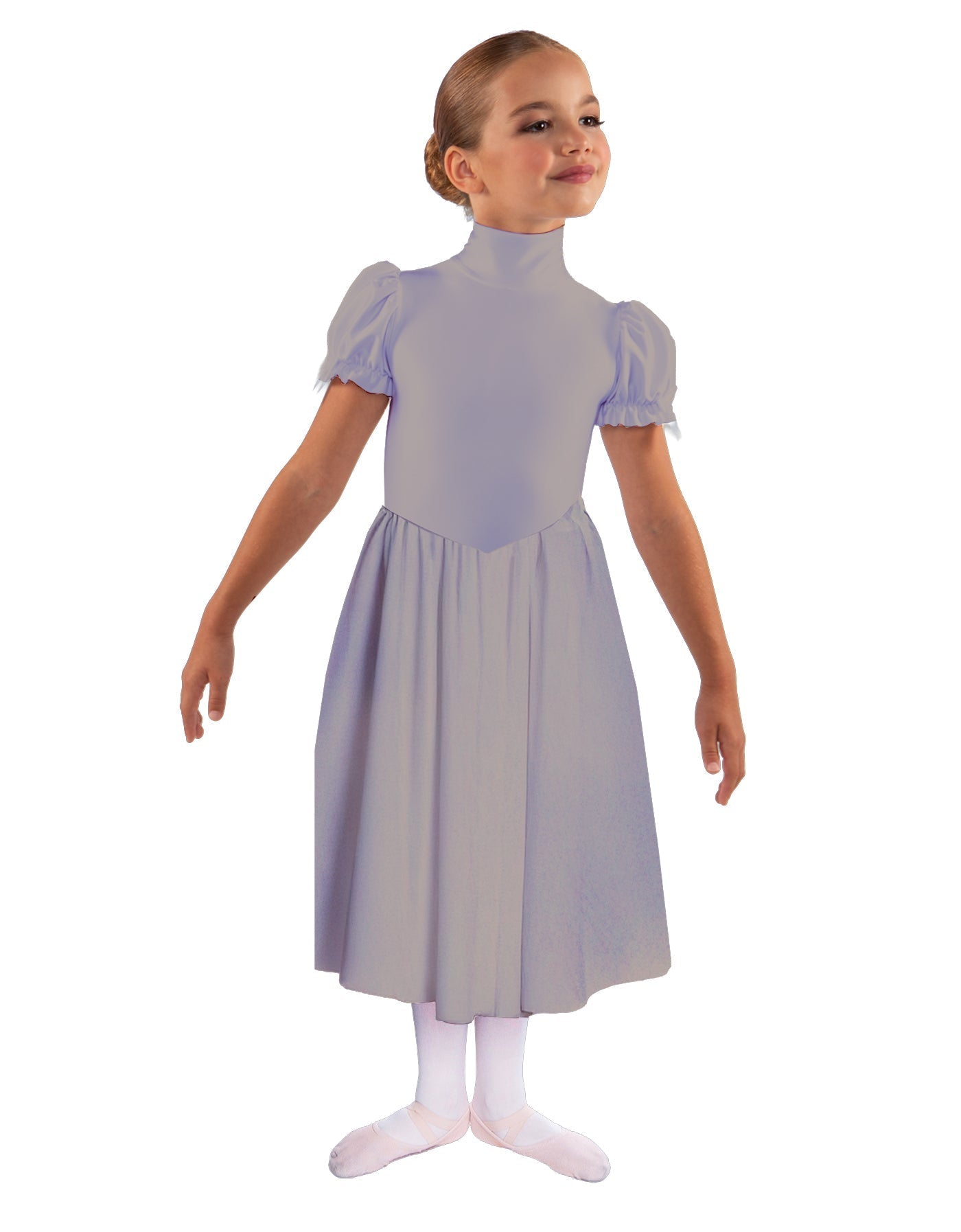 Solid Lycra T Neck Puff Sleeve Dress Below Knee Zipper back