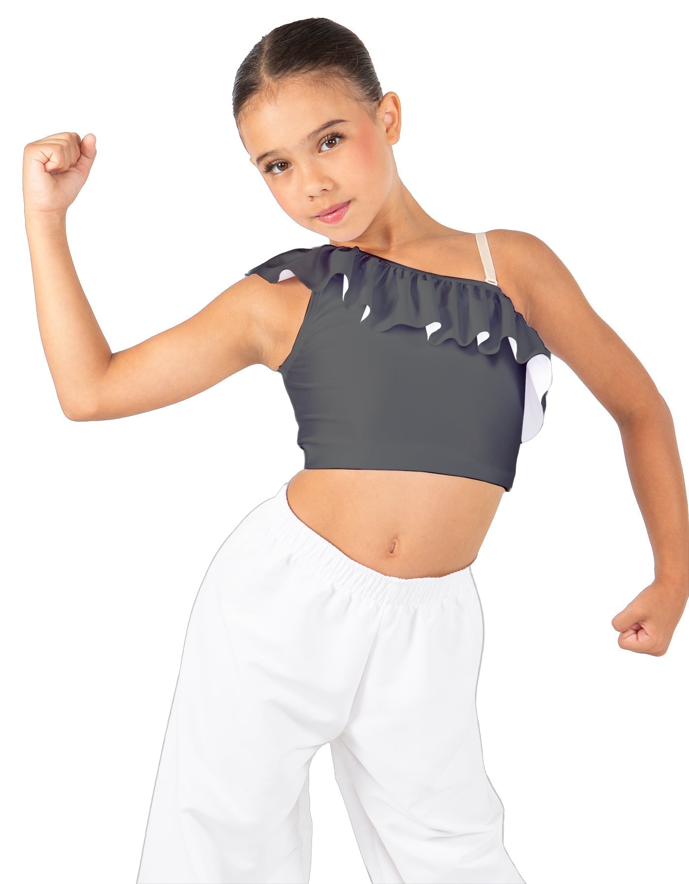 Solid Lycra One Shoulder Crop Top with Ruffle