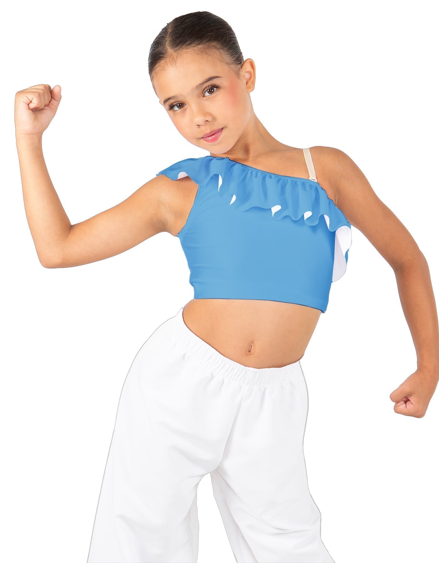 Solid Lycra One Shoulder Crop Top with Ruffle