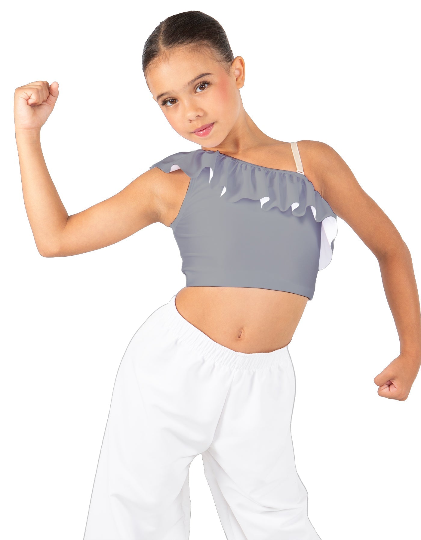 Solid Lycra One Shoulder Crop Top with Ruffle