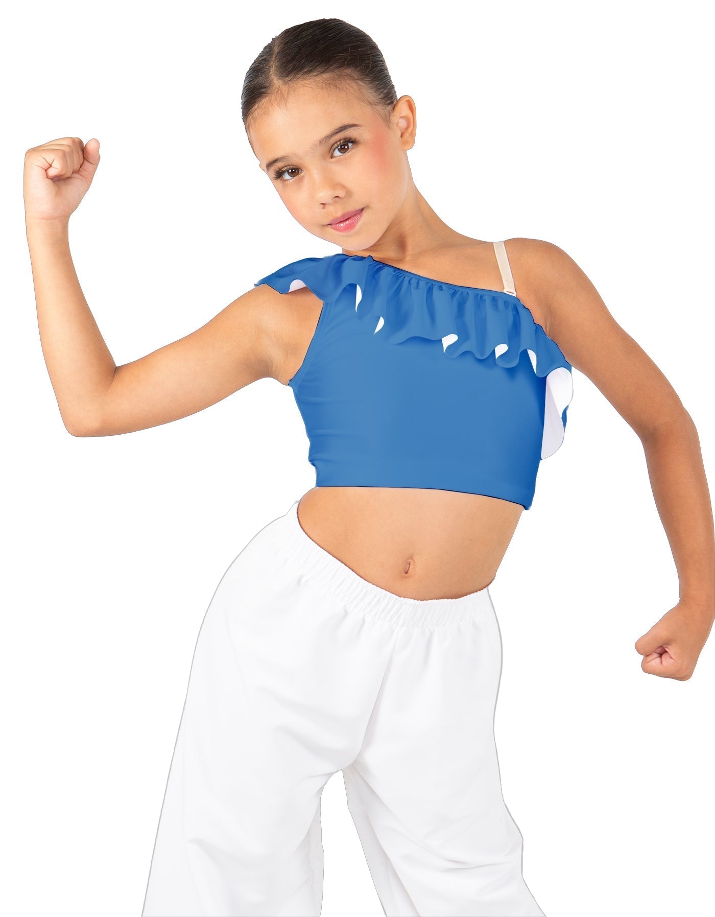 Solid Lycra One Shoulder Crop Top with Ruffle