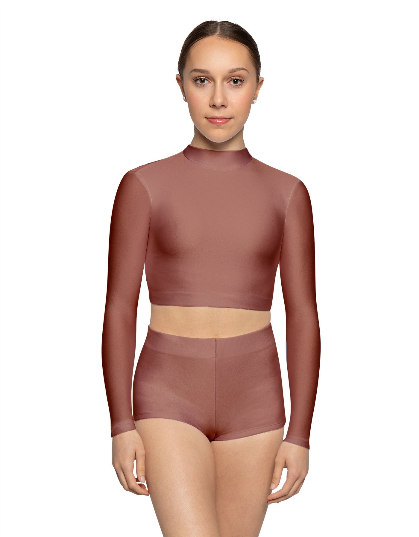 Solid Lycra LS Tneck Keyhole Back Crop Top