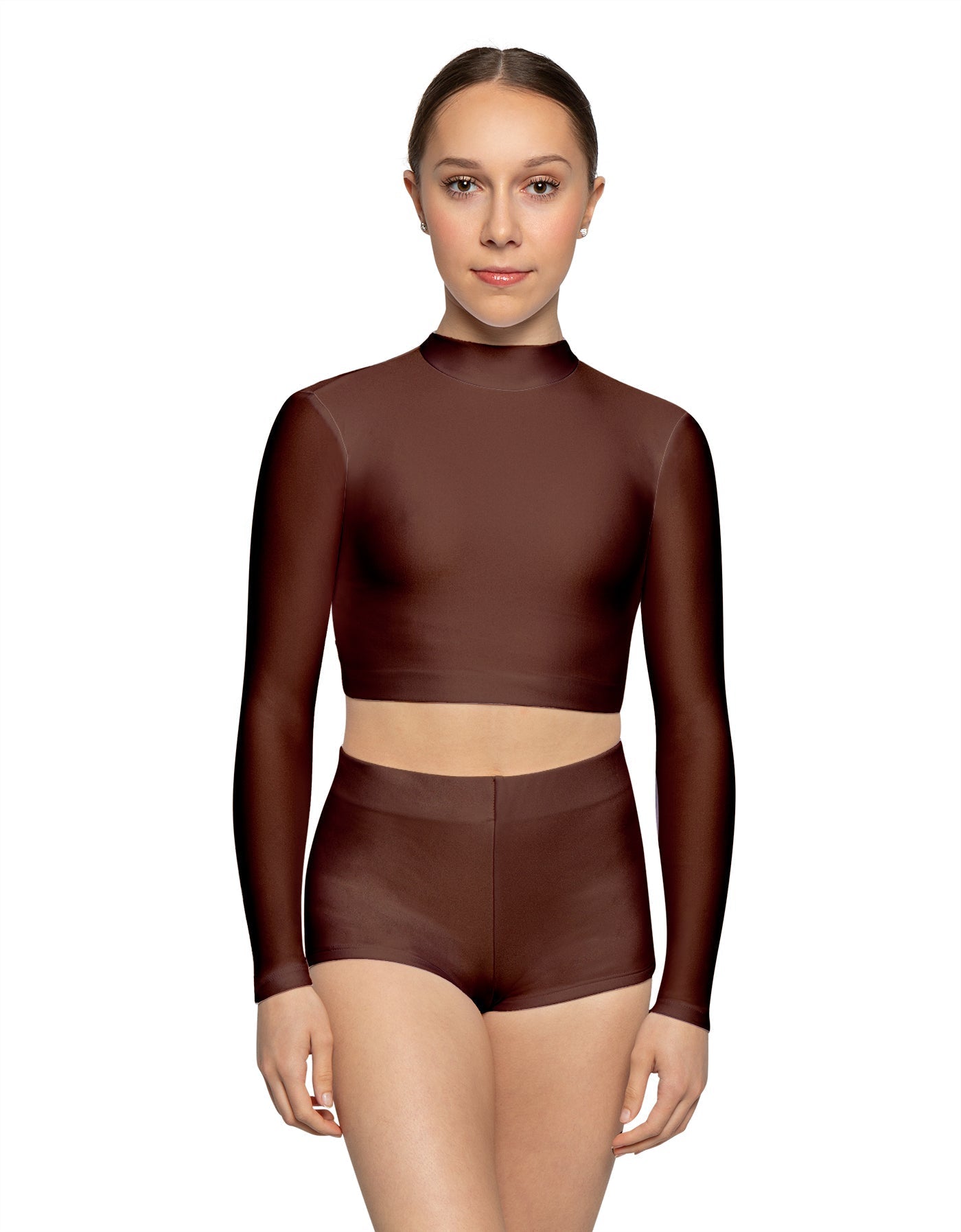 Solid Lycra LS Tneck Keyhole Back Crop Top