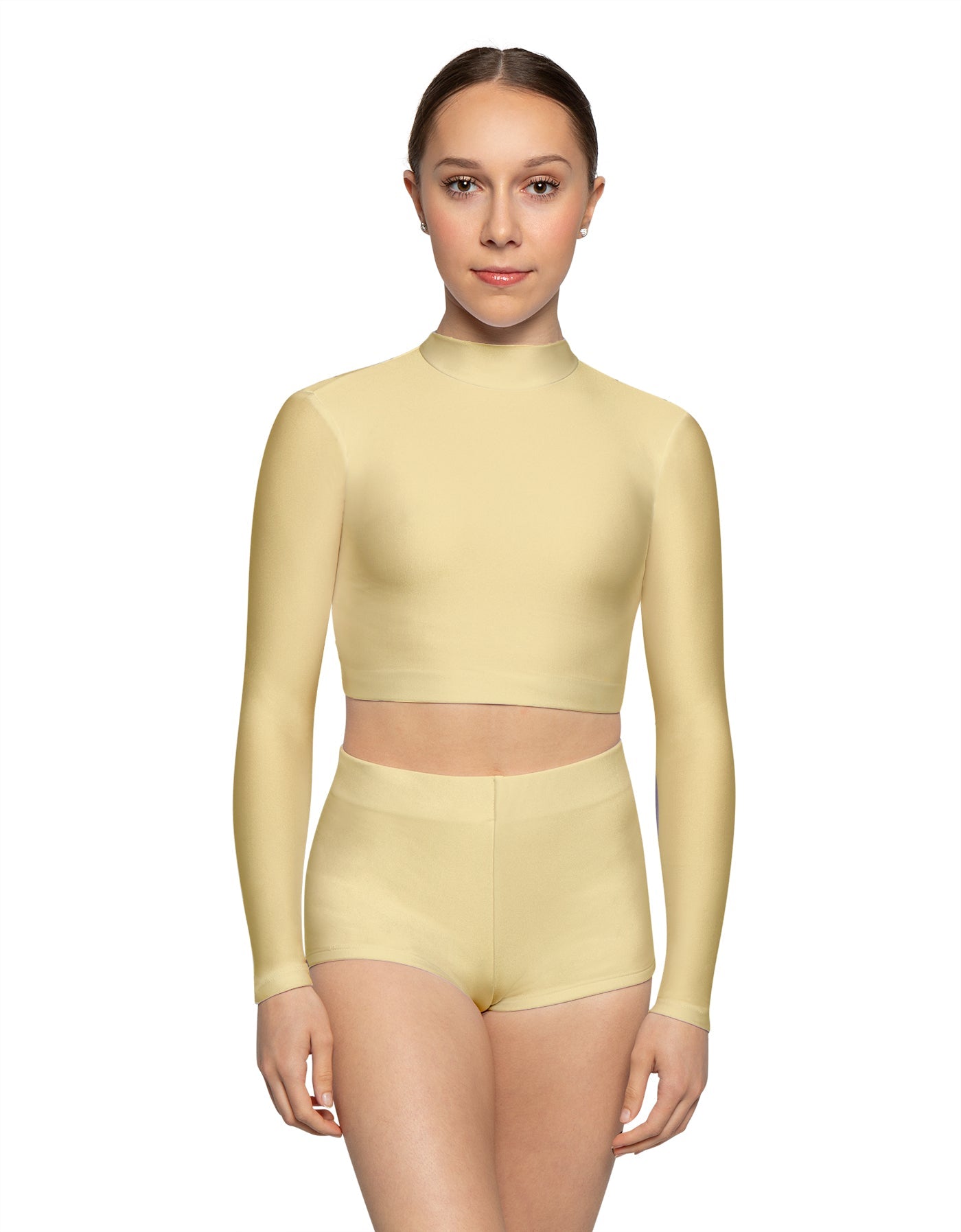 Solid Lycra LS Tneck Keyhole Back Crop Top