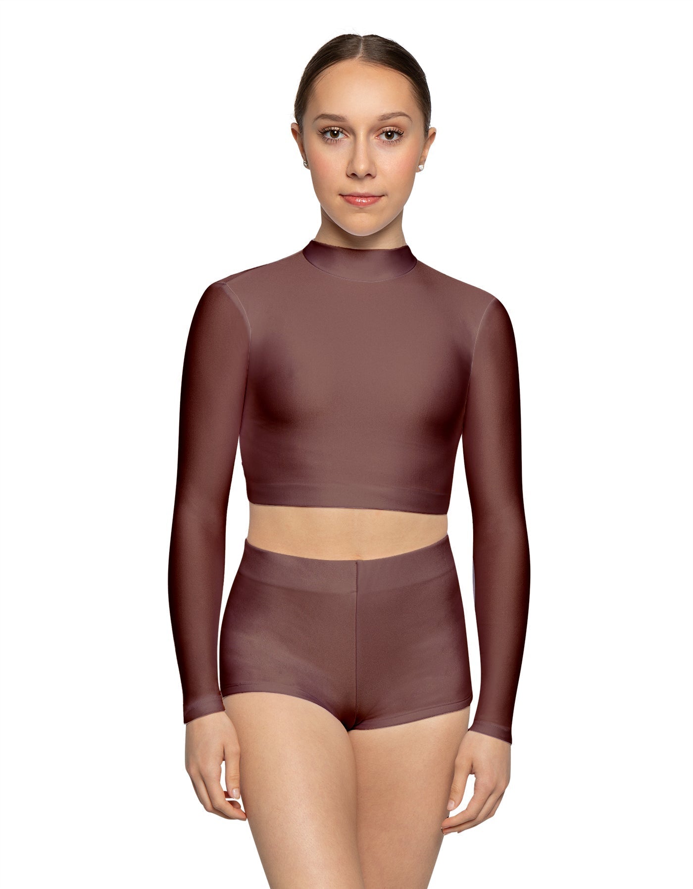 Solid Lycra LS Tneck Keyhole Back Crop Top
