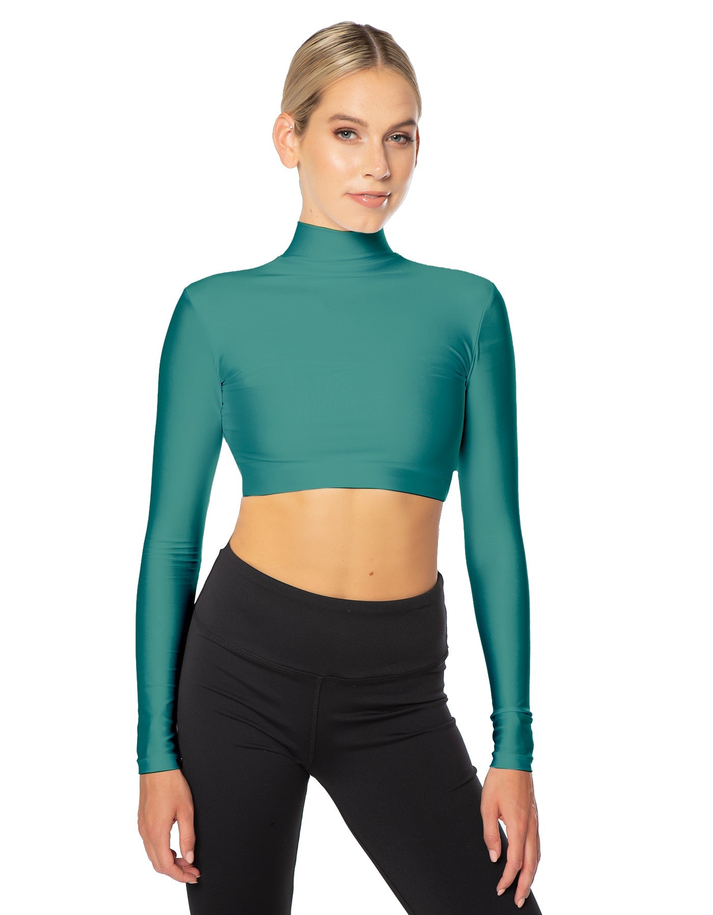 Solid Lycra LS Tneck Triangle Back Crop Top