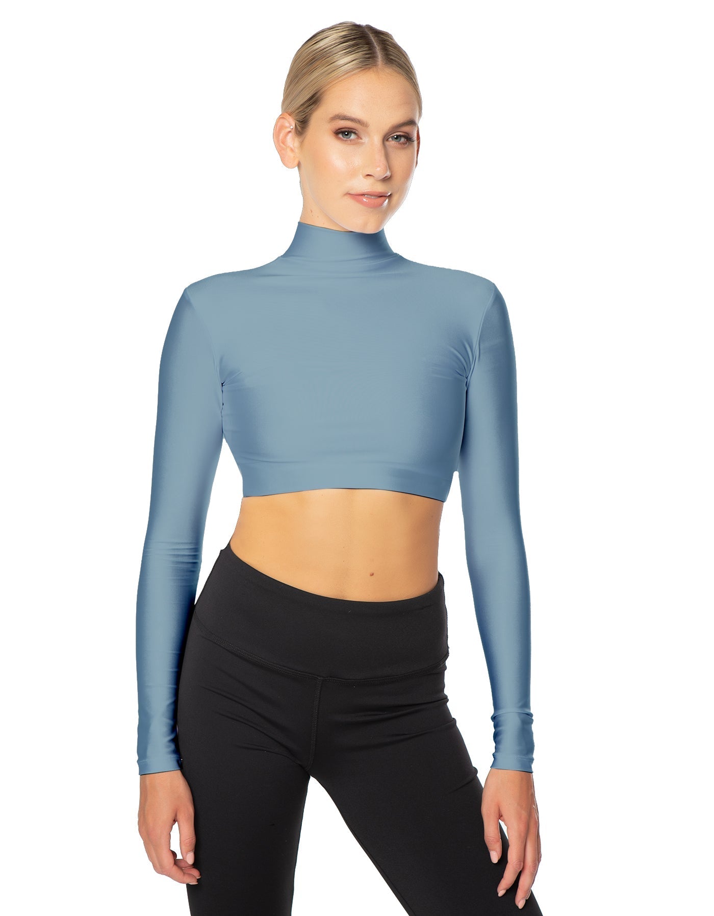 Solid Lycra LS Tneck Triangle Back Crop Top