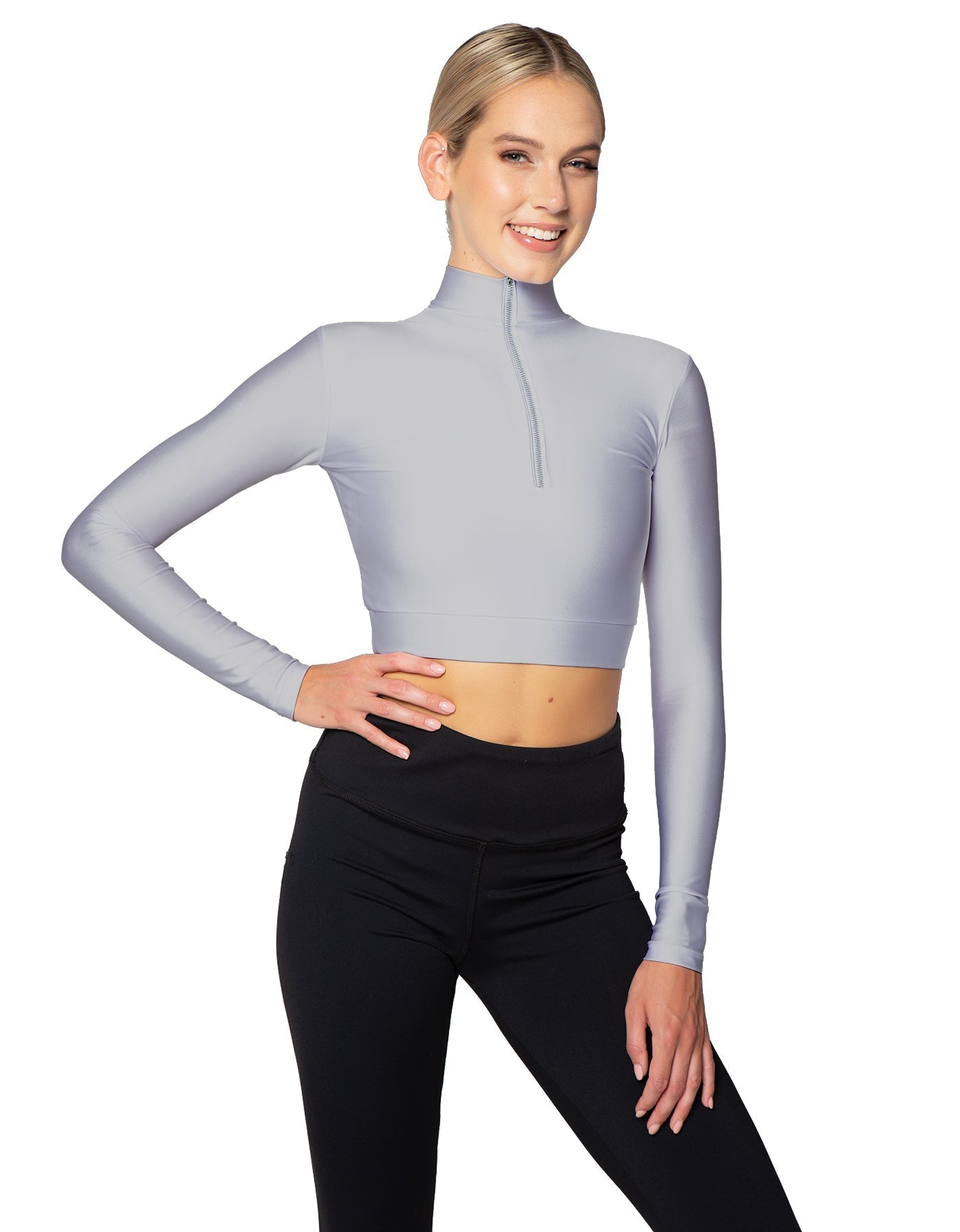 Solid Lycra LS Tneck Zipper Front Crop Top