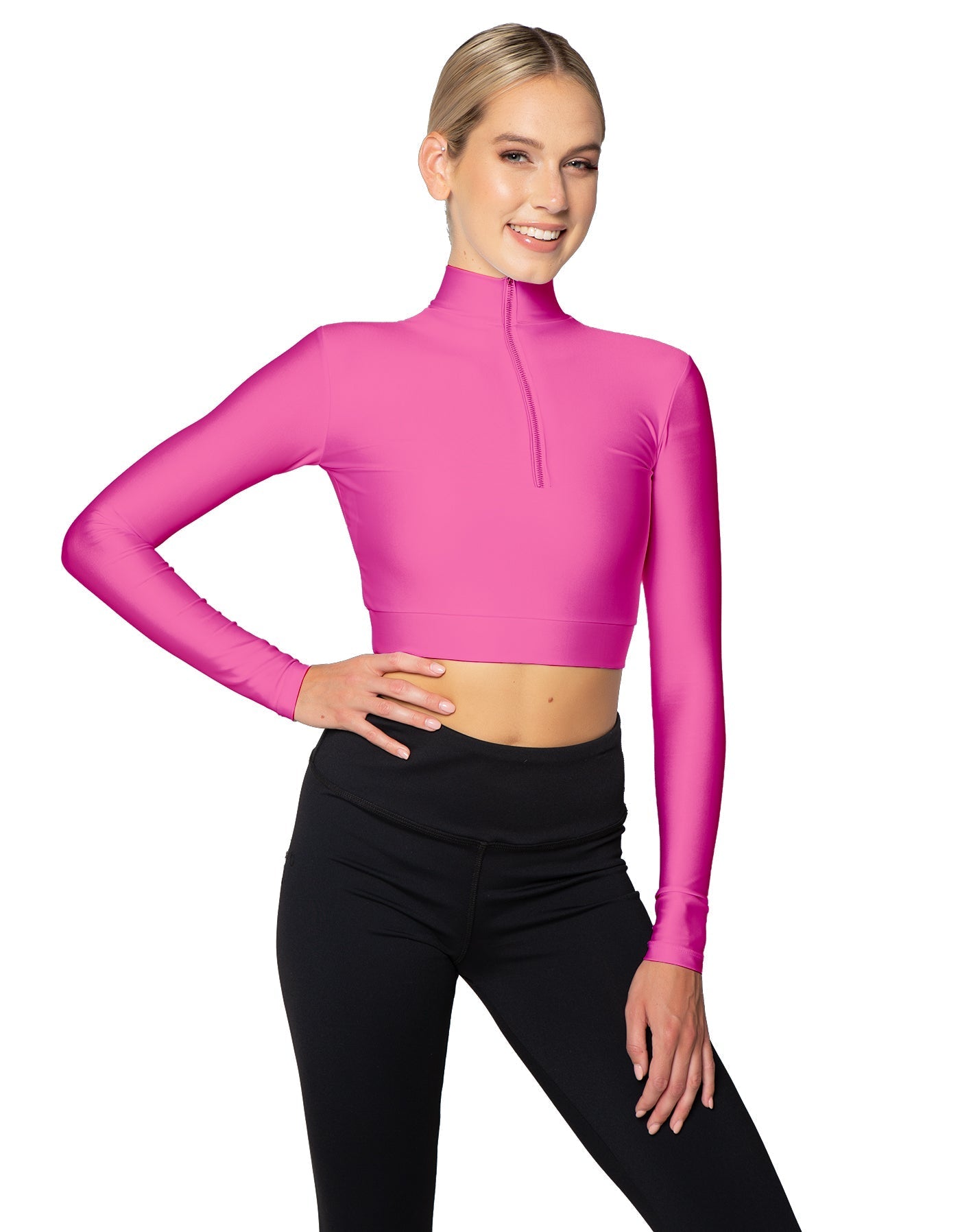 Solid Lycra LS Tneck Zipper Front Crop Top