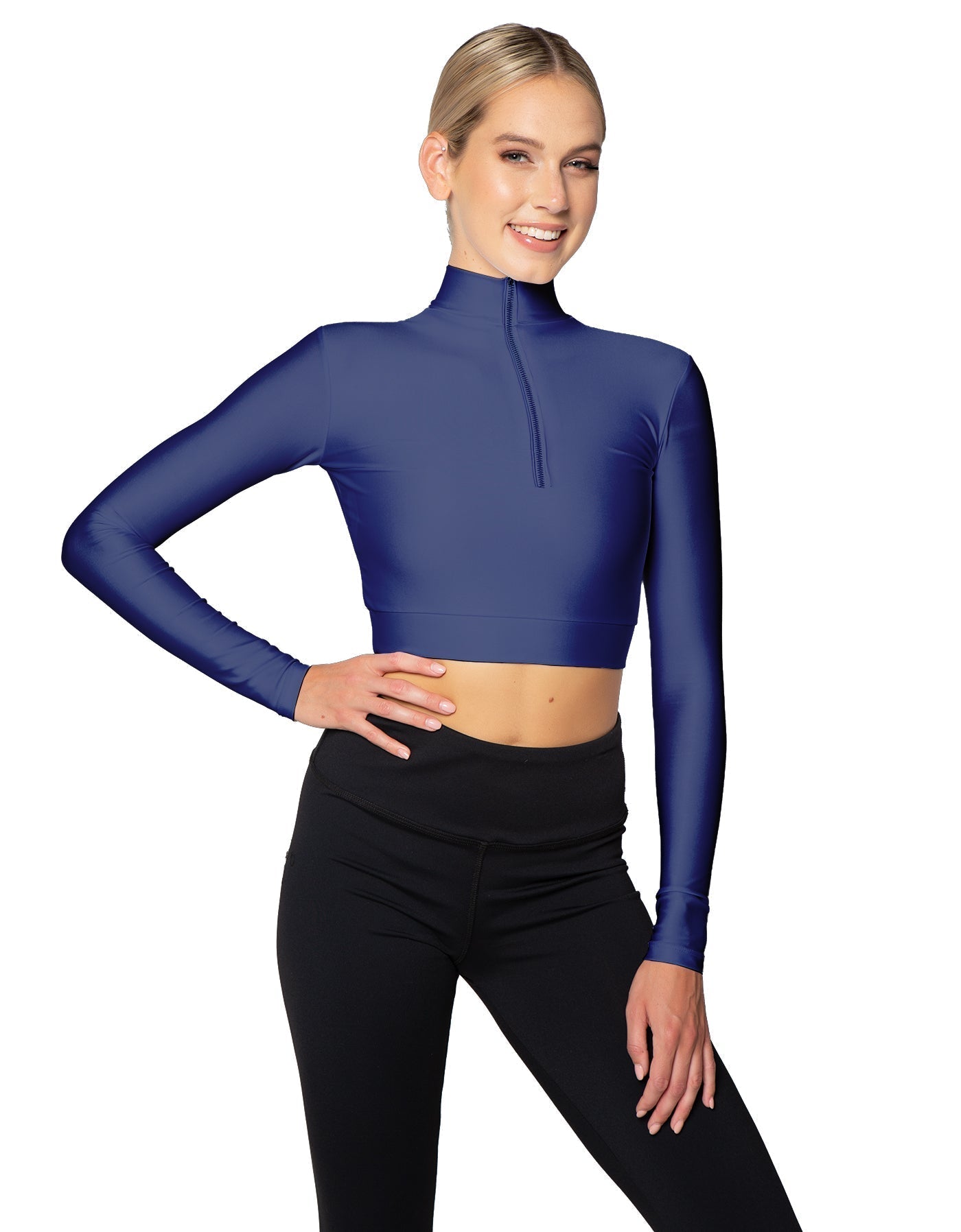 Solid Lycra LS Tneck Zipper Front Crop Top