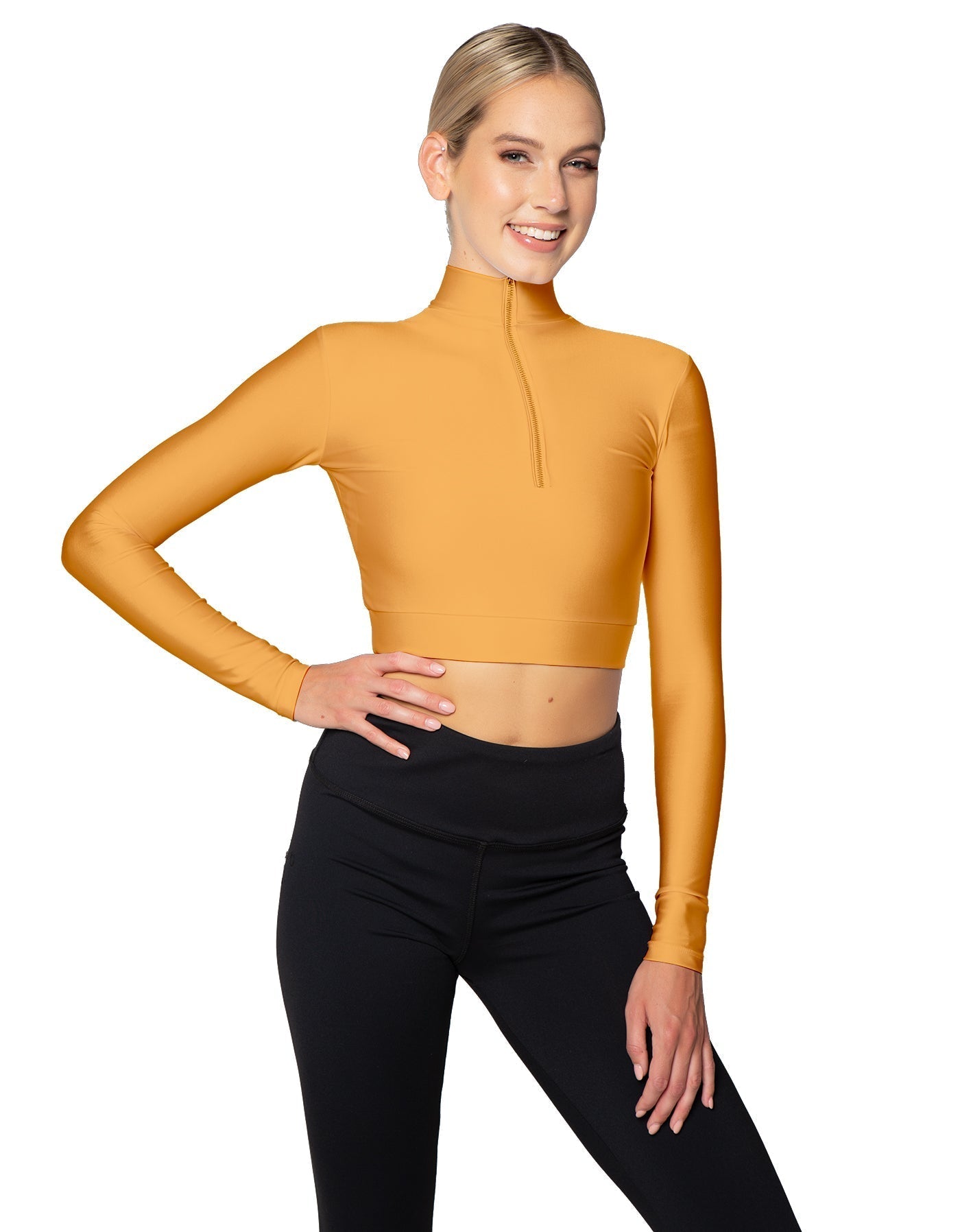 Solid Lycra LS Tneck Zipper Front Crop Top