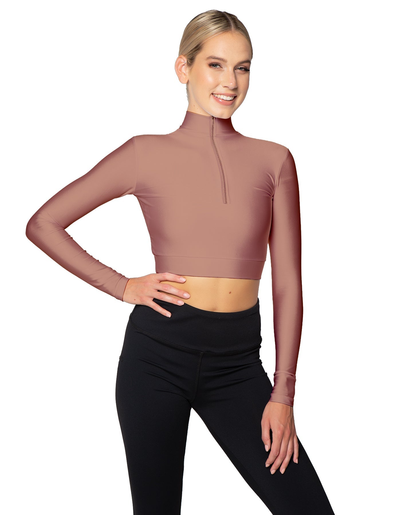 Solid Lycra LS Tneck Zipper Front Crop Top