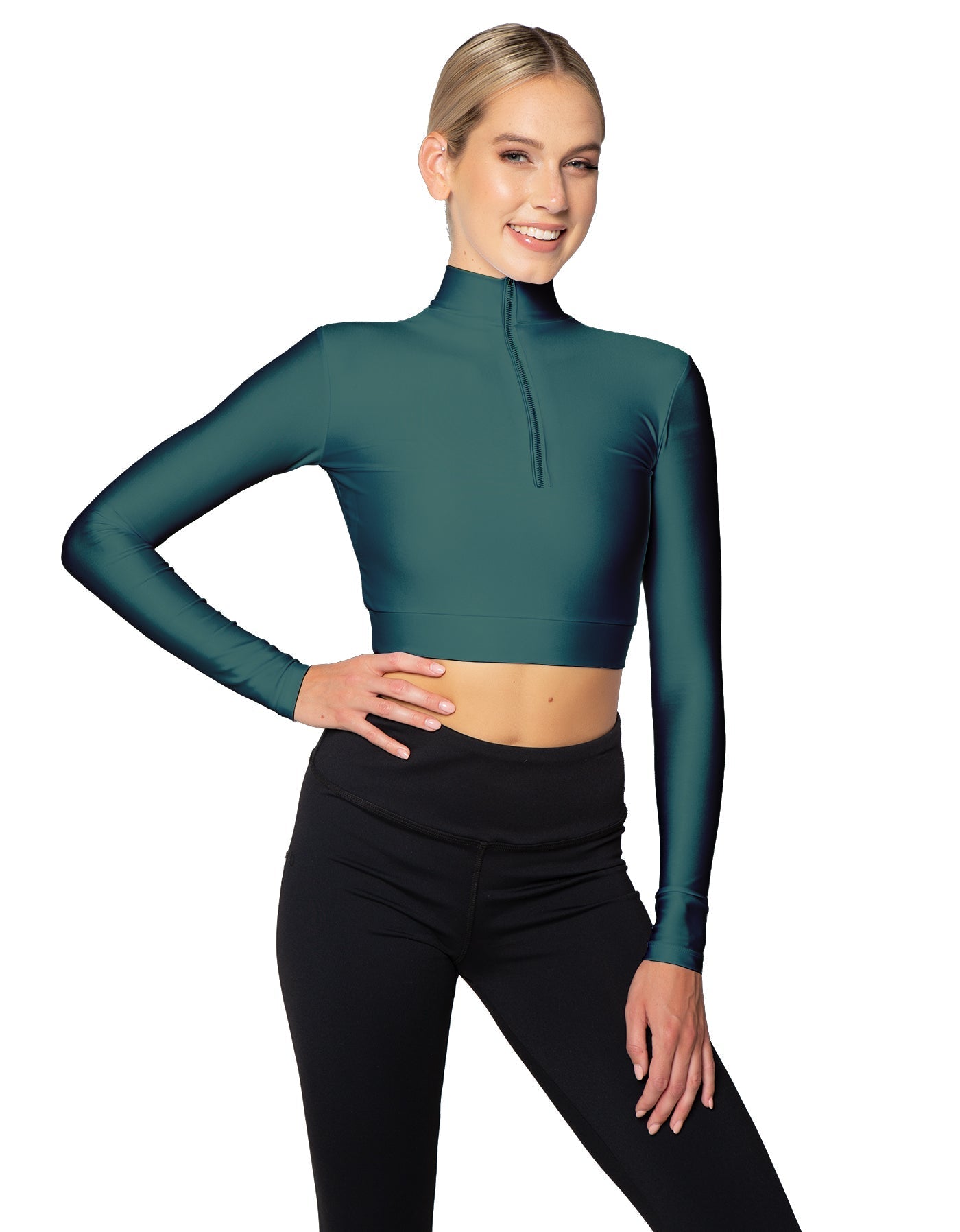 Solid Lycra LS Tneck Zipper Front Crop Top