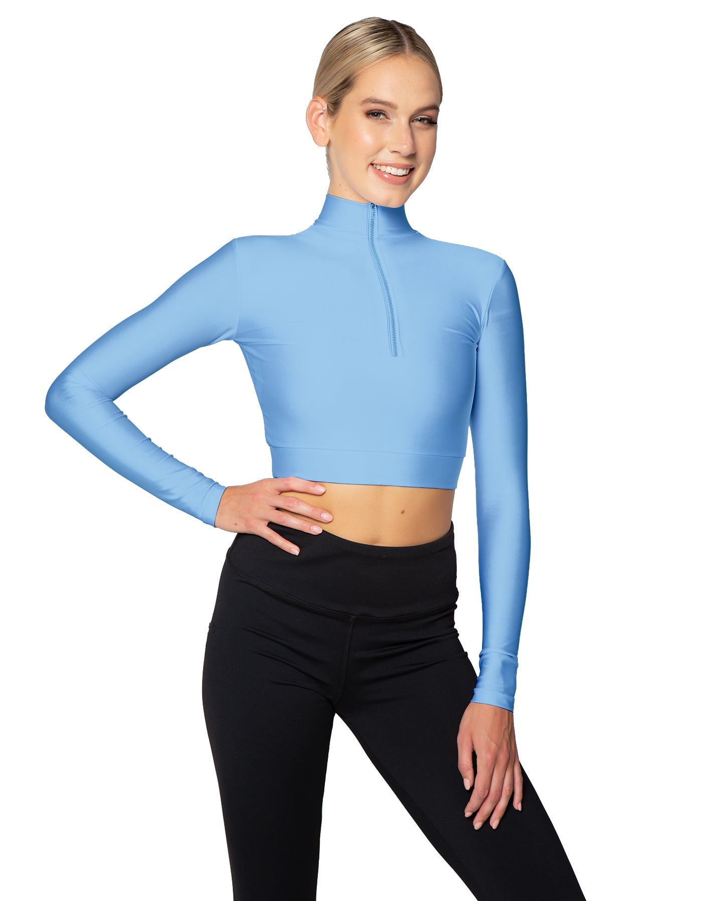 Solid Lycra LS Tneck Zipper Front Crop Top