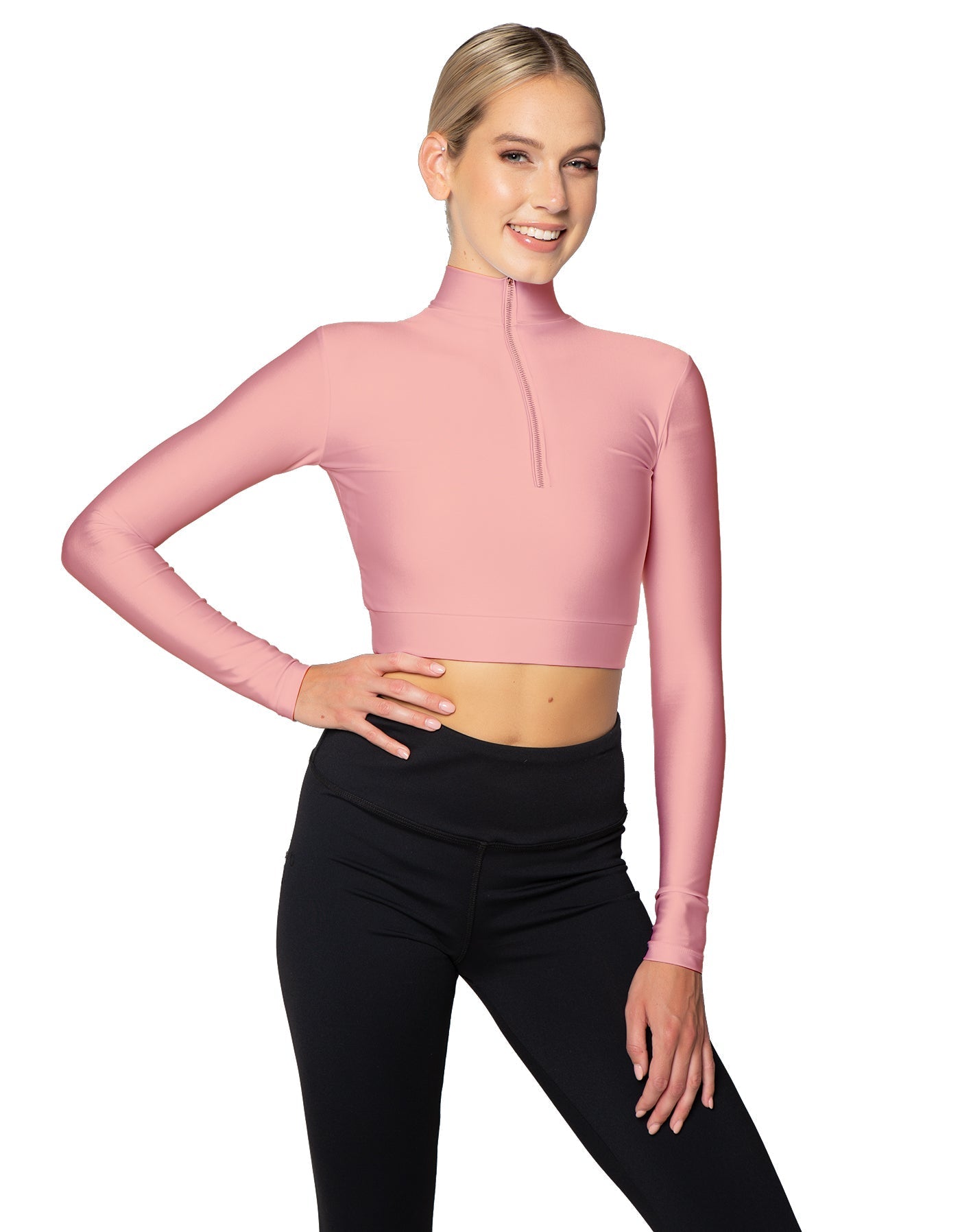 Solid Lycra LS Tneck Zipper Front Crop Top