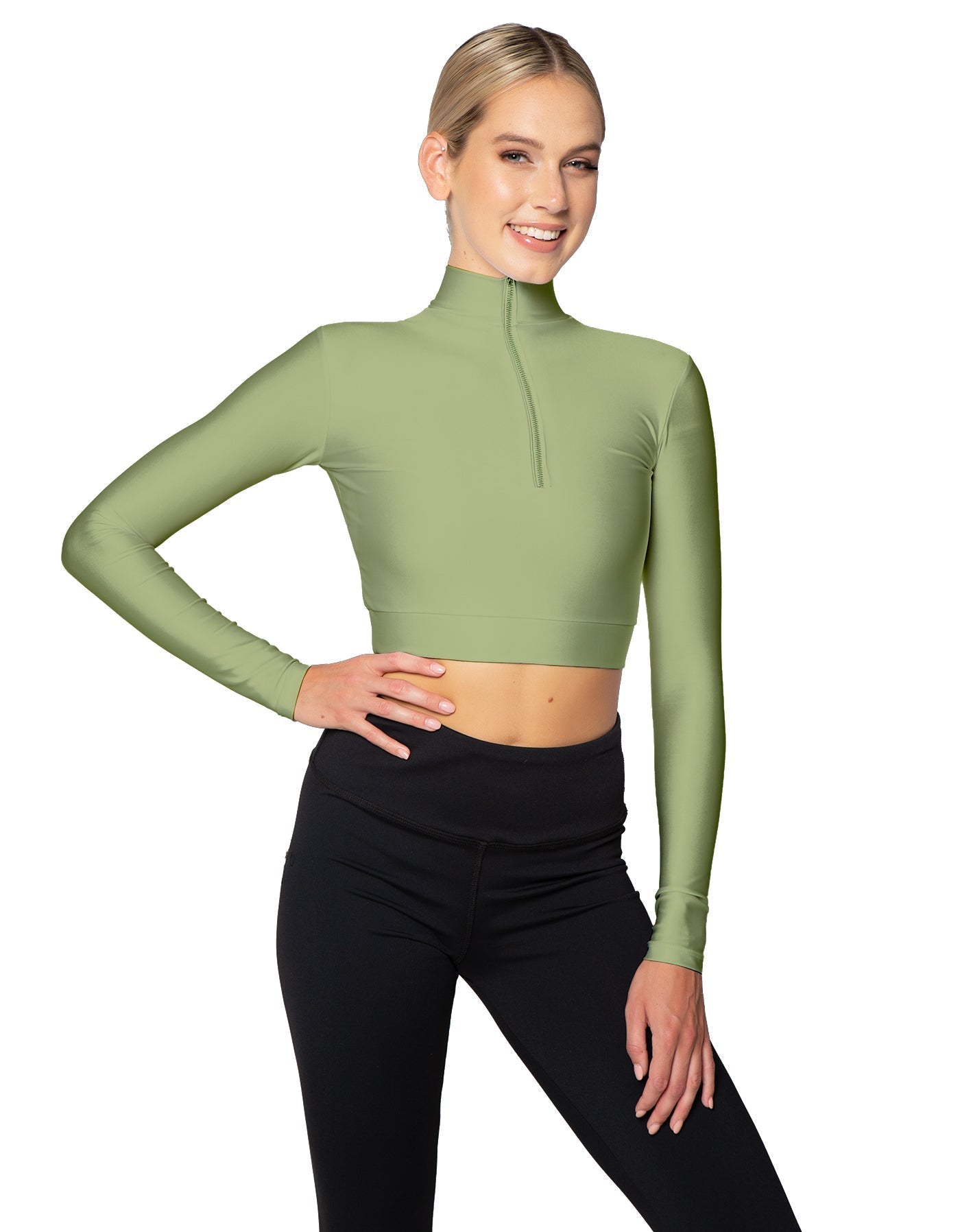 Solid Lycra LS Tneck Zipper Front Crop Top