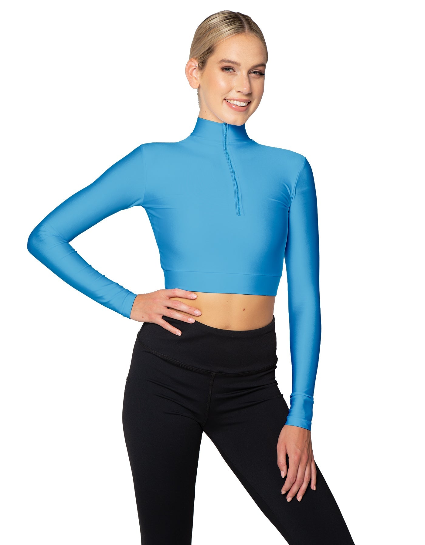 Solid Lycra LS Tneck Zipper Front Crop Top
