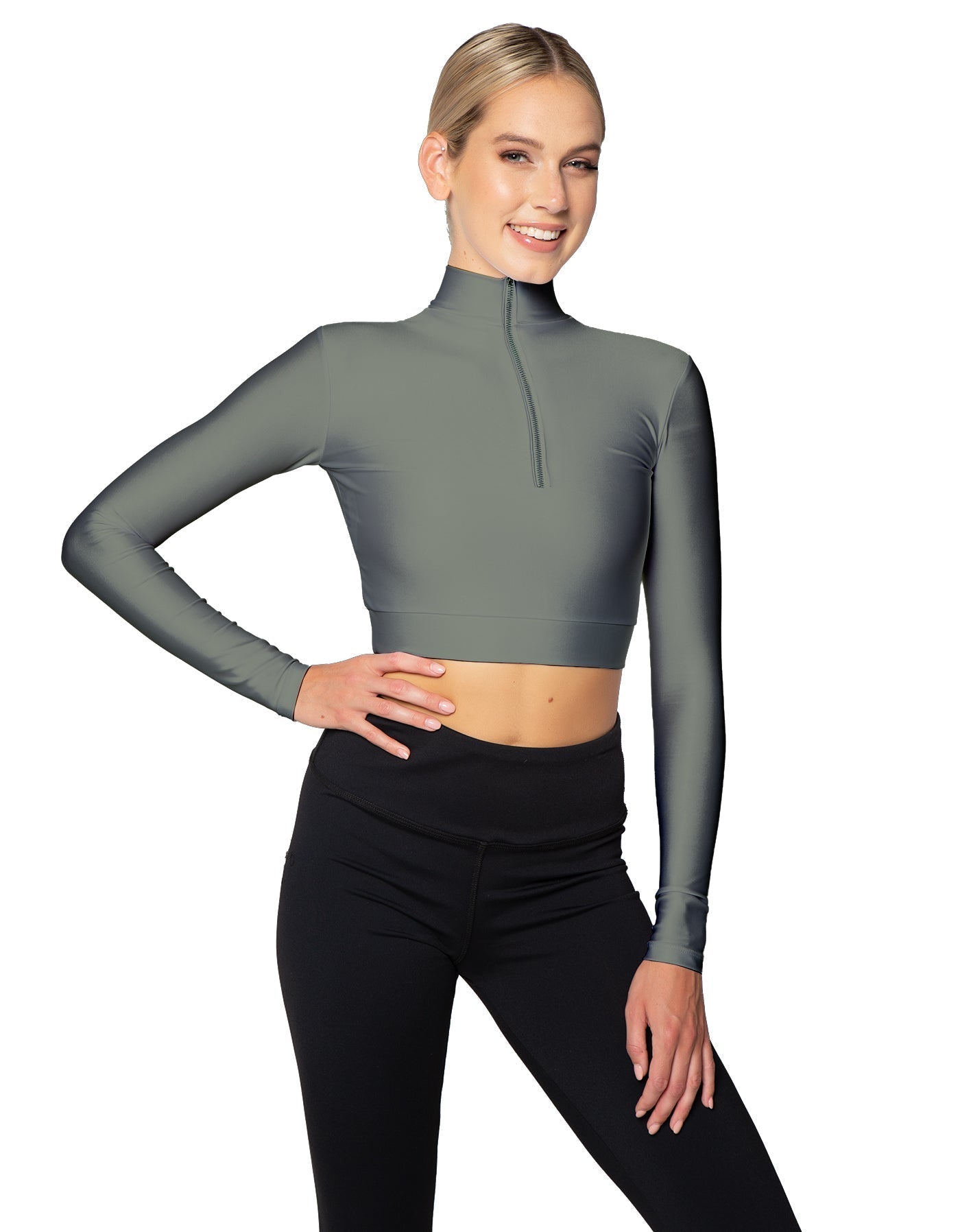 Solid Lycra LS Tneck Zipper Front Crop Top