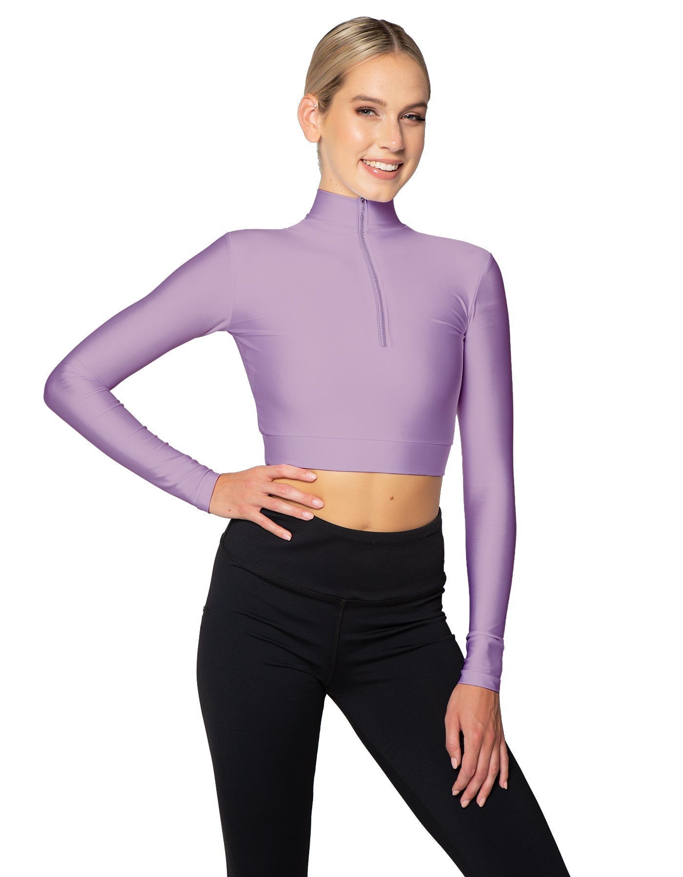 Solid Lycra LS Tneck Zipper Front Crop Top