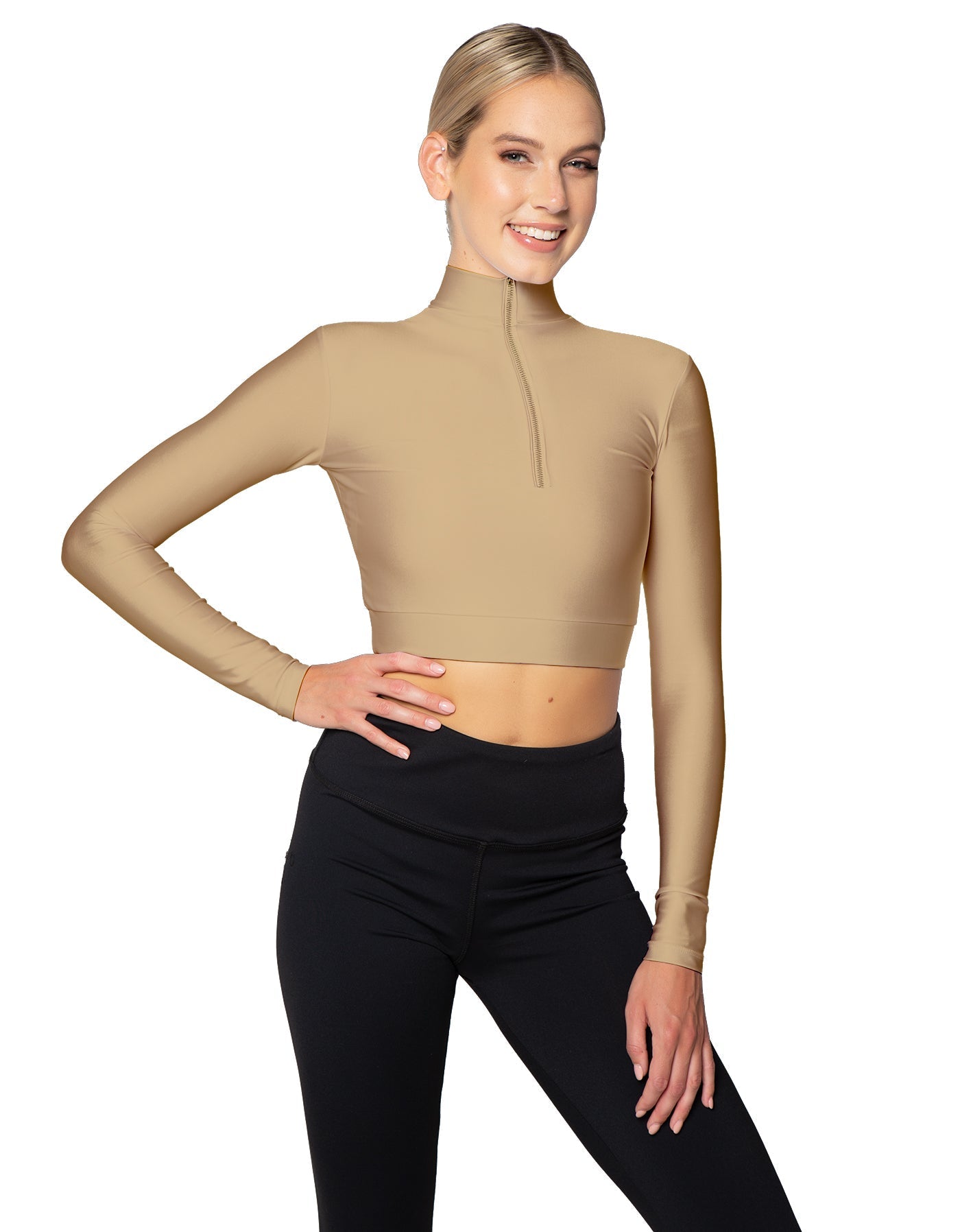 Solid Lycra LS Tneck Zipper Front Crop Top