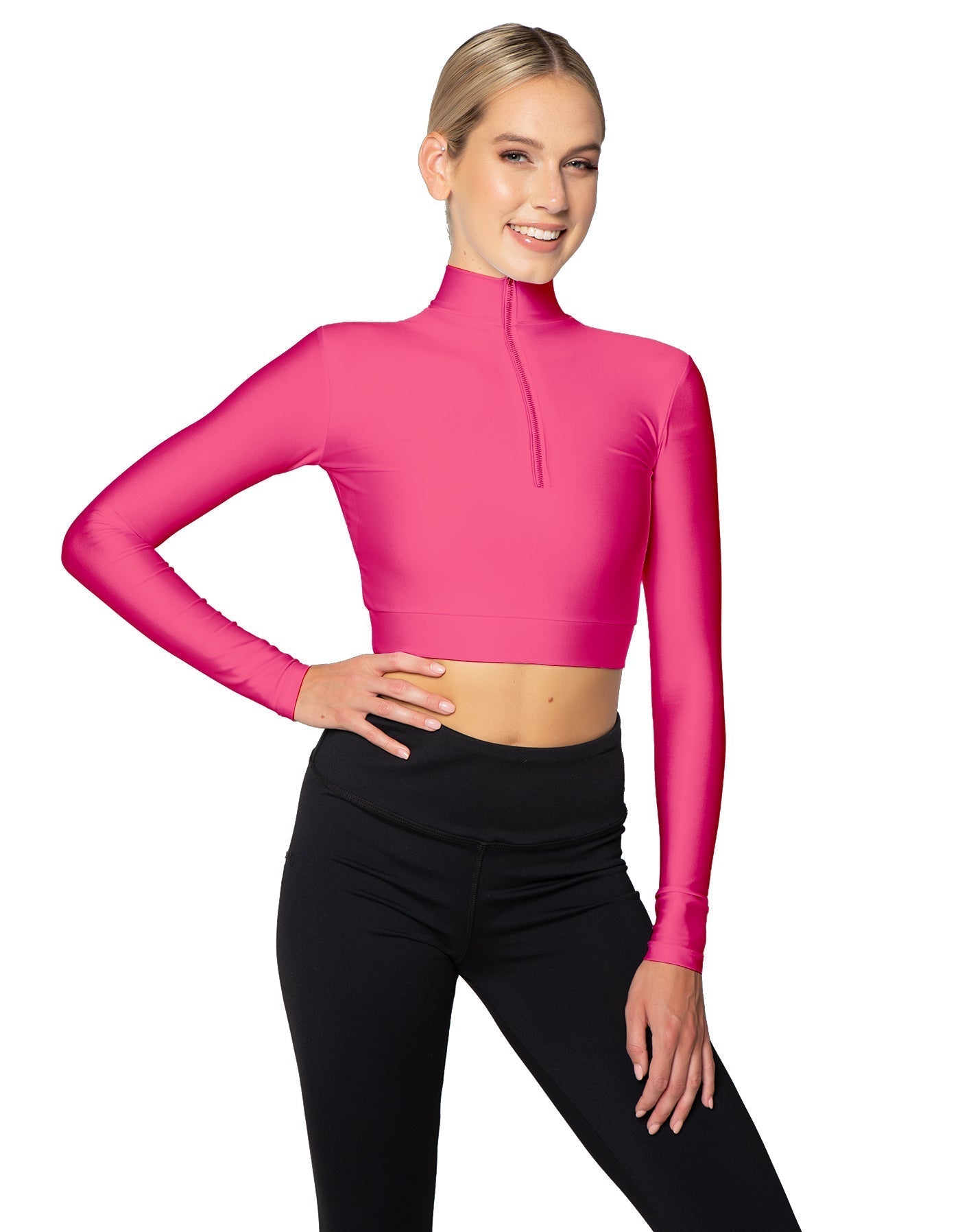 Solid Lycra LS Tneck Zipper Front Crop Top
