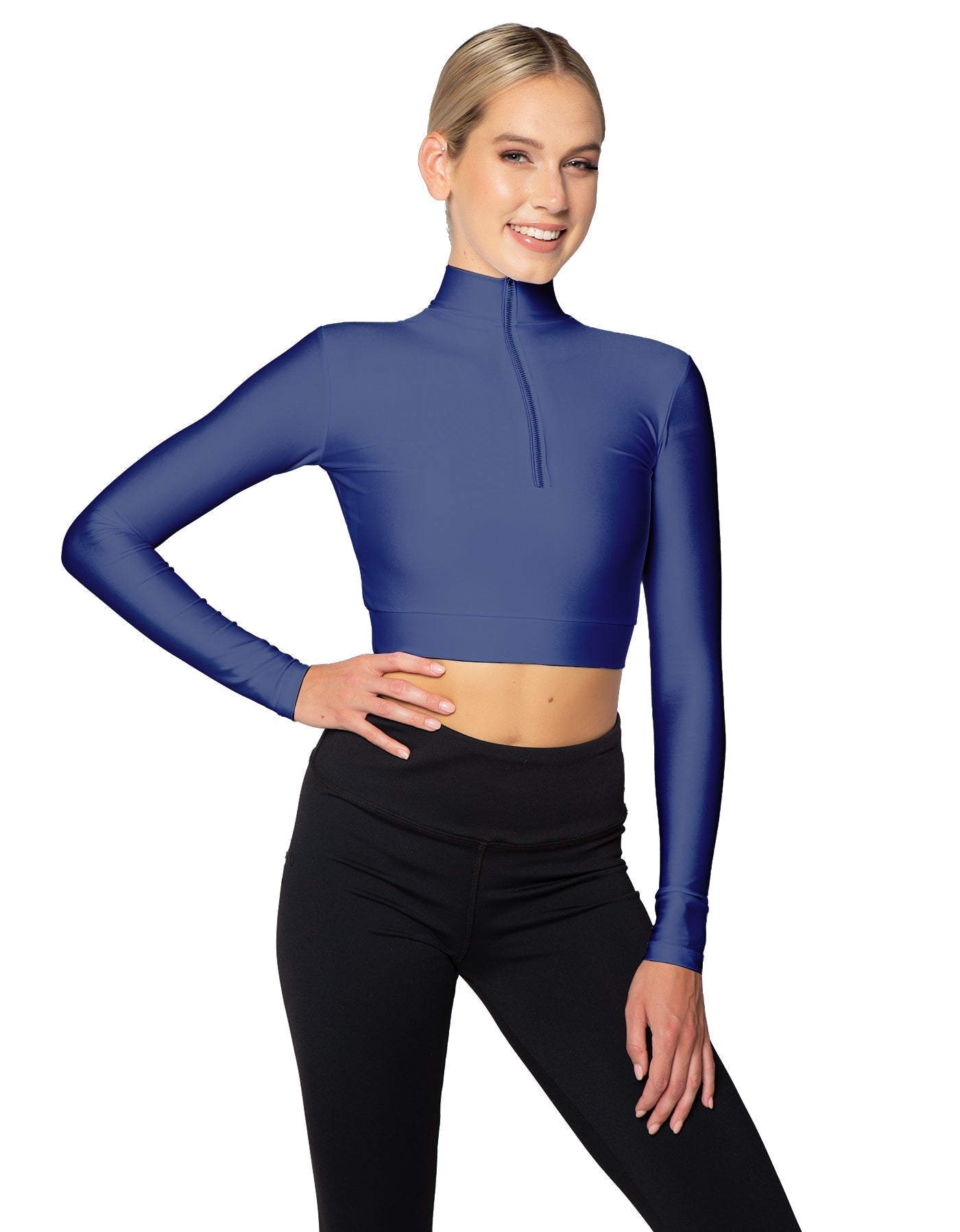 Solid Lycra LS Tneck Zipper Front Crop Top