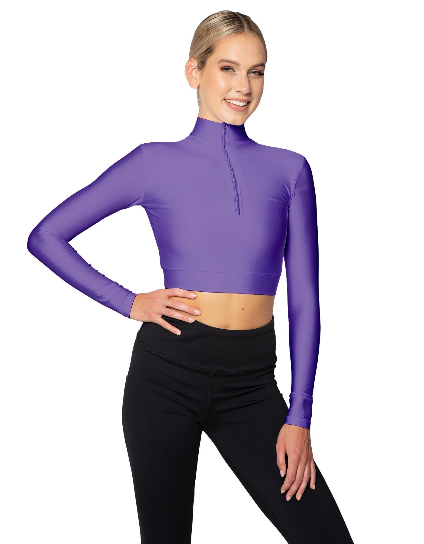 Solid Lycra LS Tneck Zipper Front Crop Top