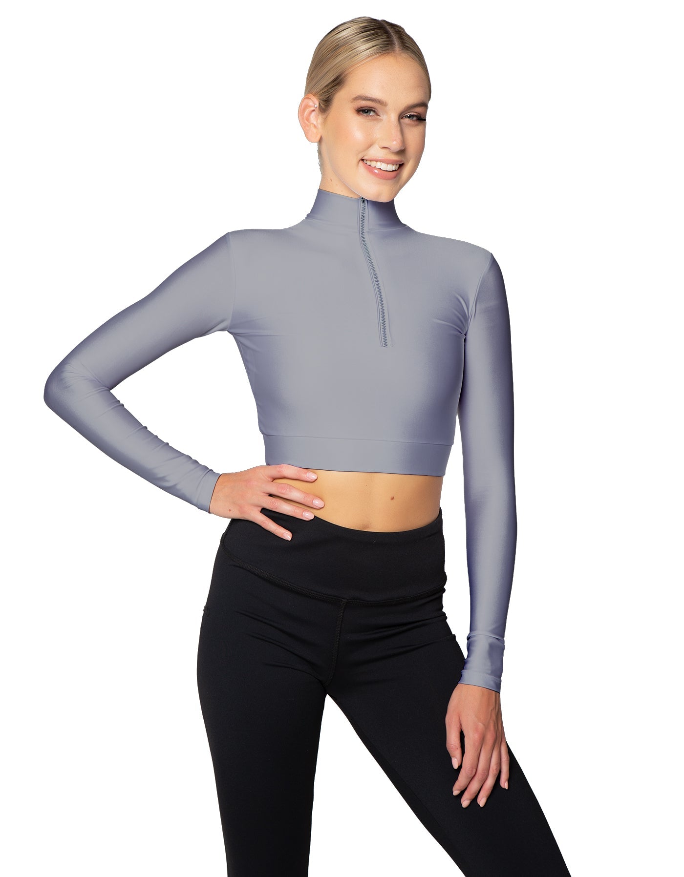 Solid Lycra LS Tneck Zipper Front Crop Top