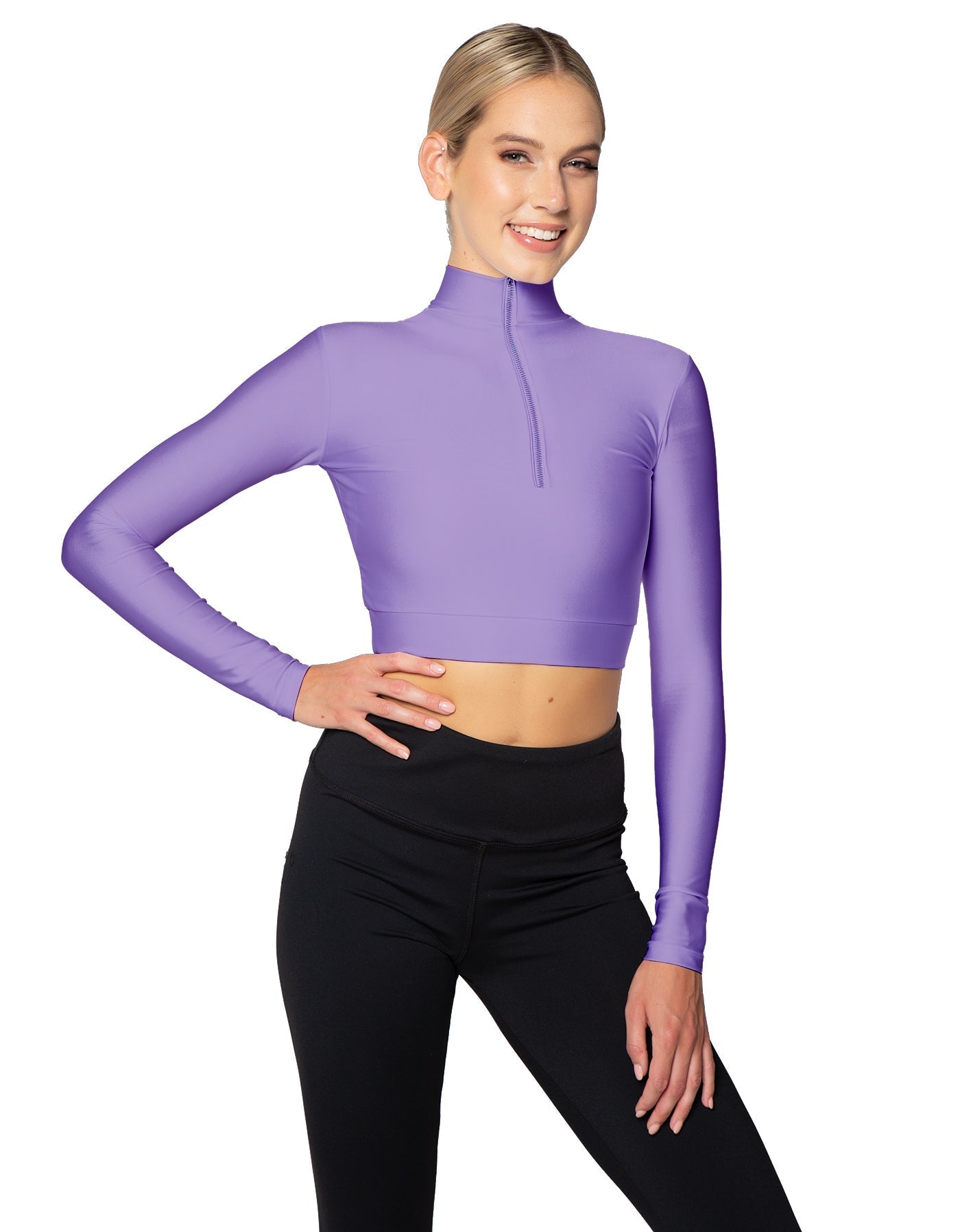 Solid Lycra LS Tneck Zipper Front Crop Top