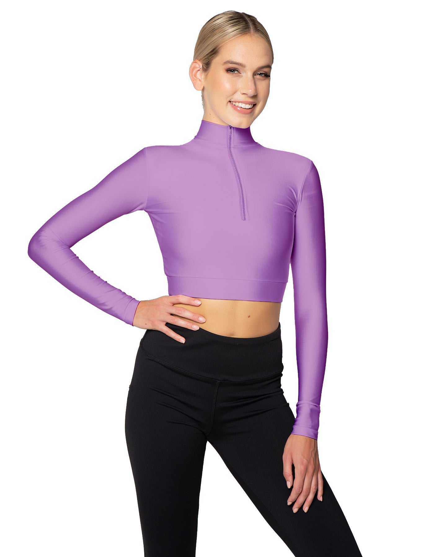 Solid Lycra LS Tneck Zipper Front Crop Top