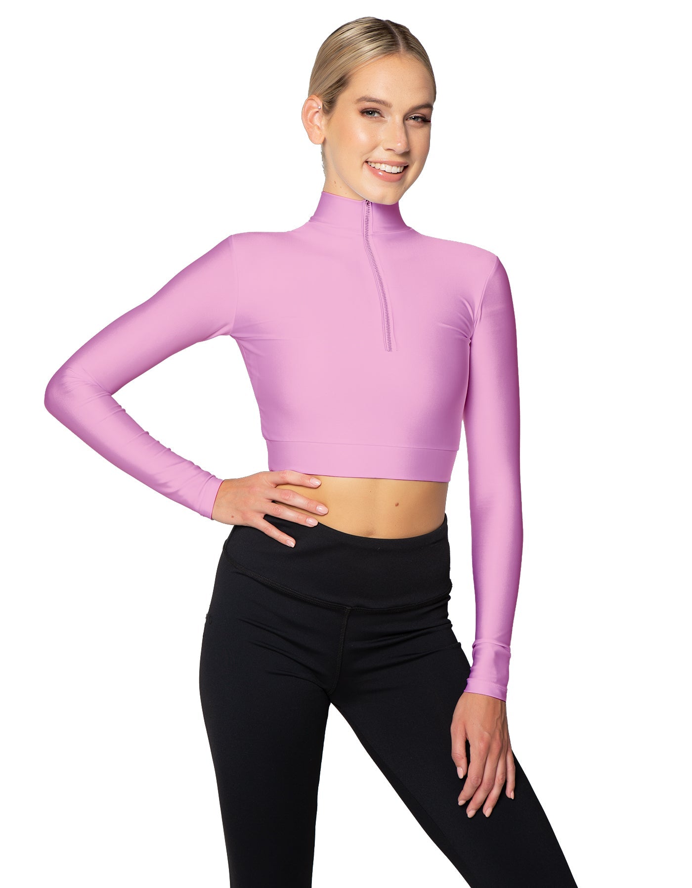 Solid Lycra LS Tneck Zipper Front Crop Top