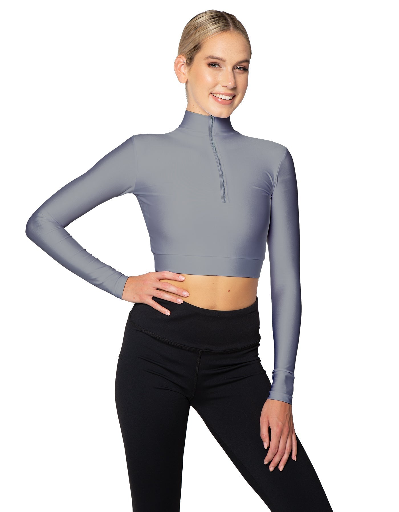 Solid Lycra LS Tneck Zipper Front Crop Top