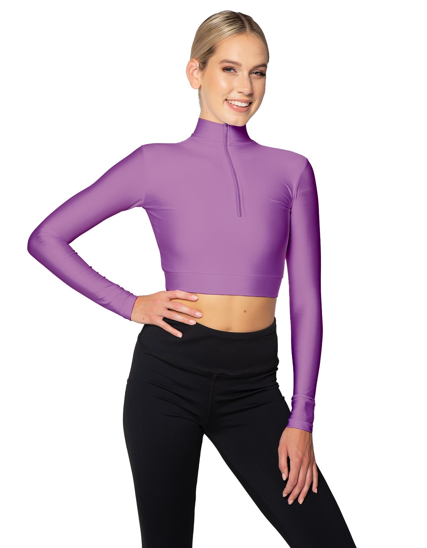 Solid Lycra LS Tneck Zipper Front Crop Top