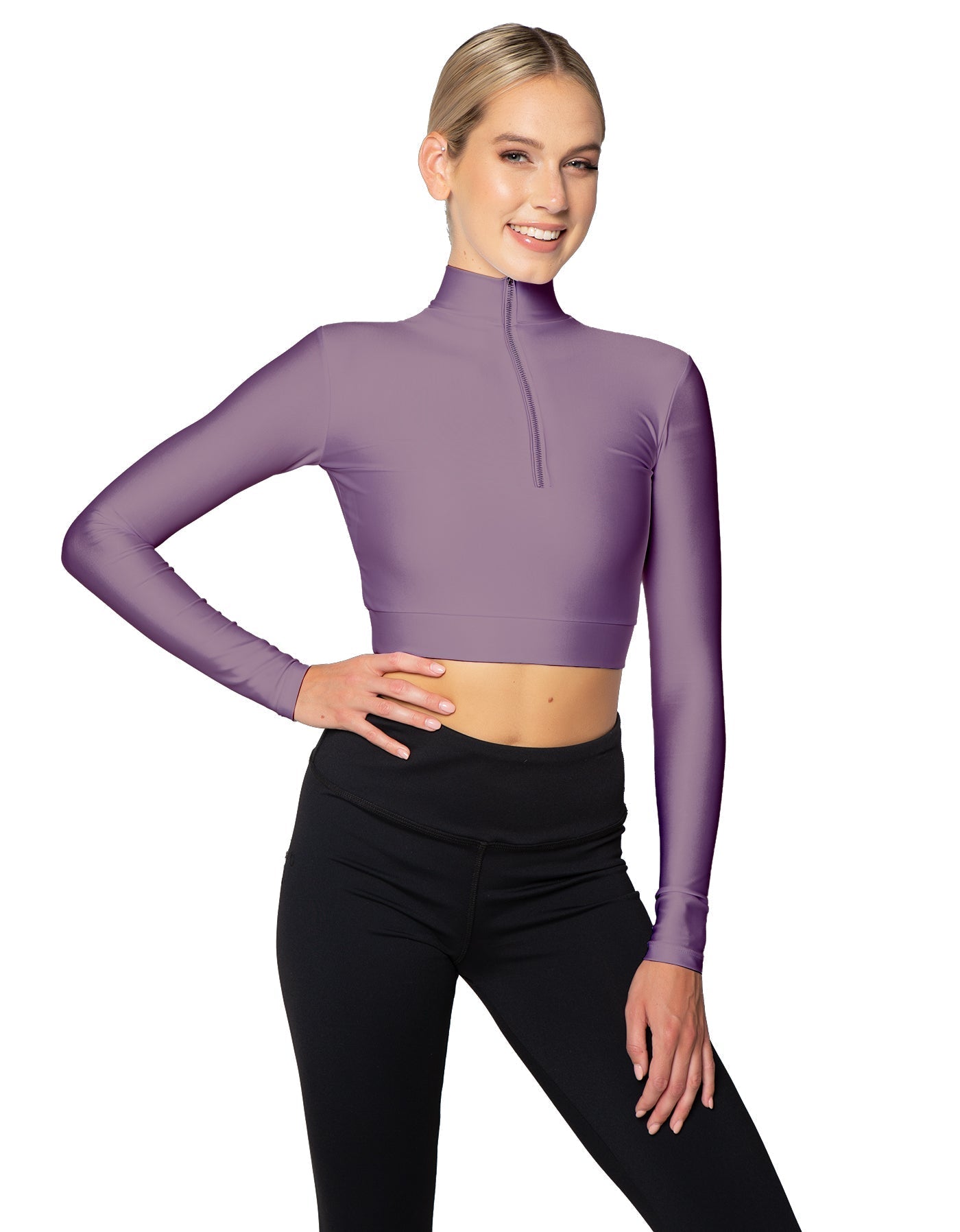 Solid Lycra LS Tneck Zipper Front Crop Top