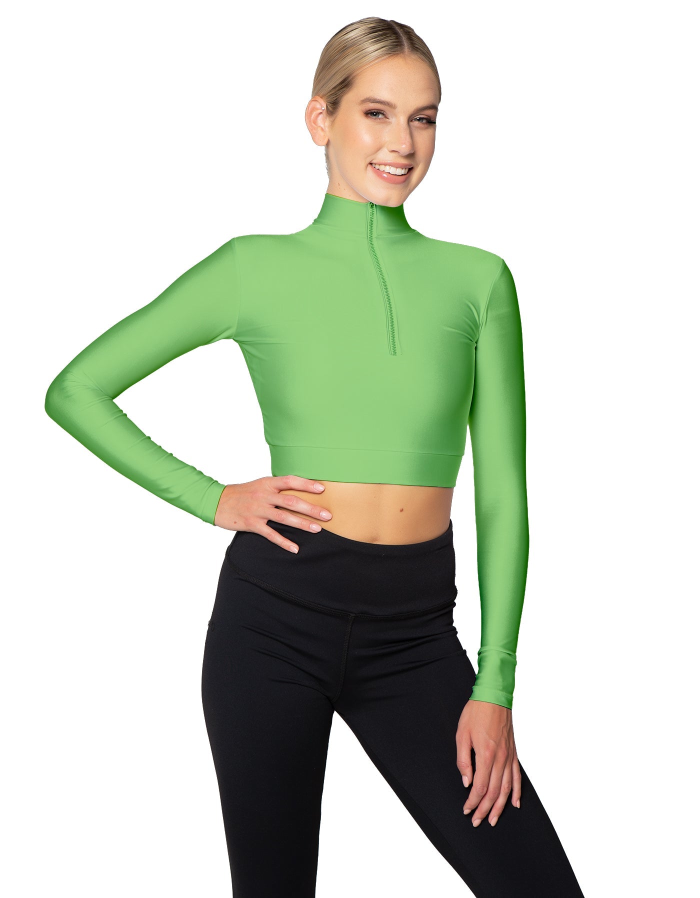 Solid Lycra LS Tneck Zipper Front Crop Top