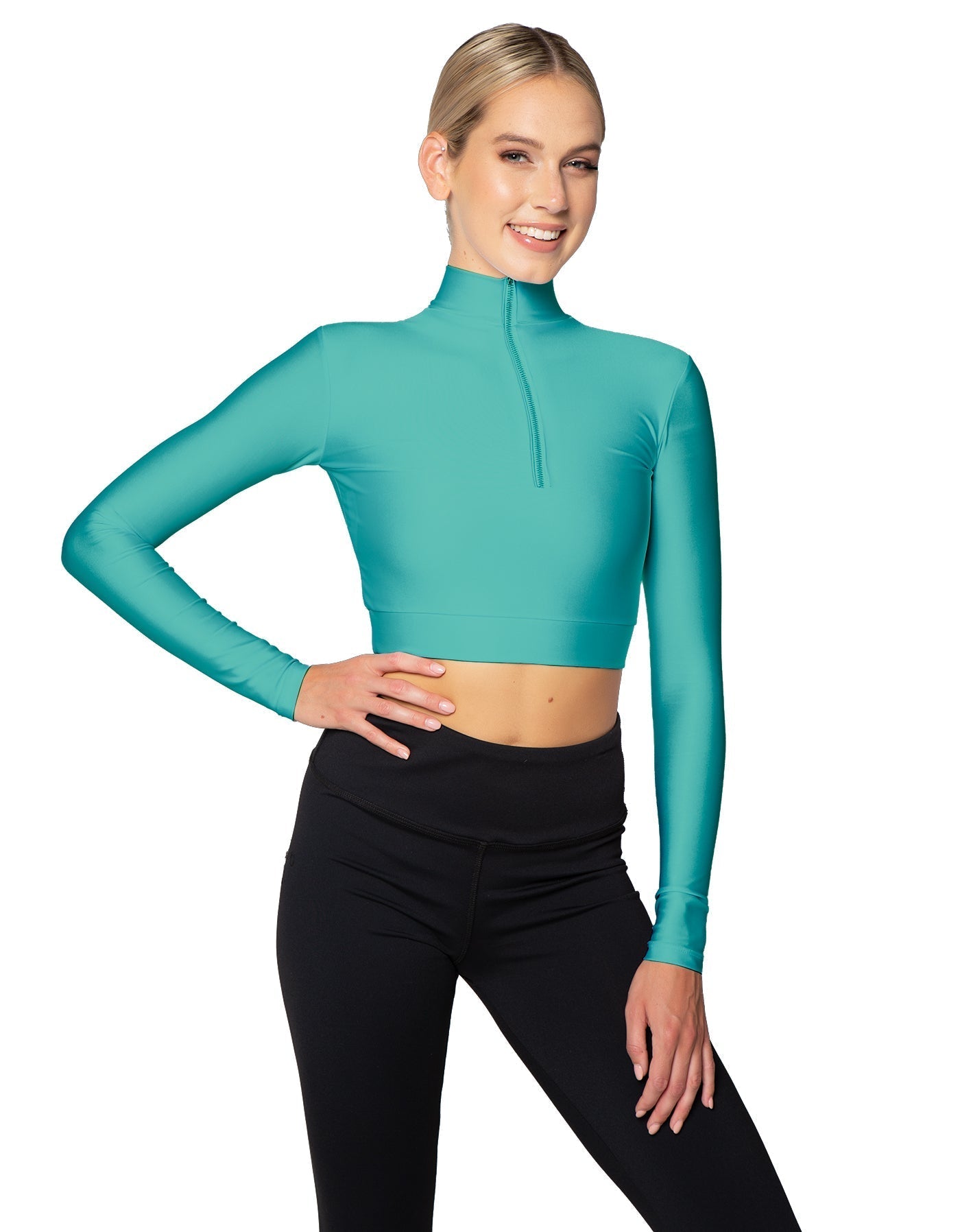 Solid Lycra LS Tneck Zipper Front Crop Top