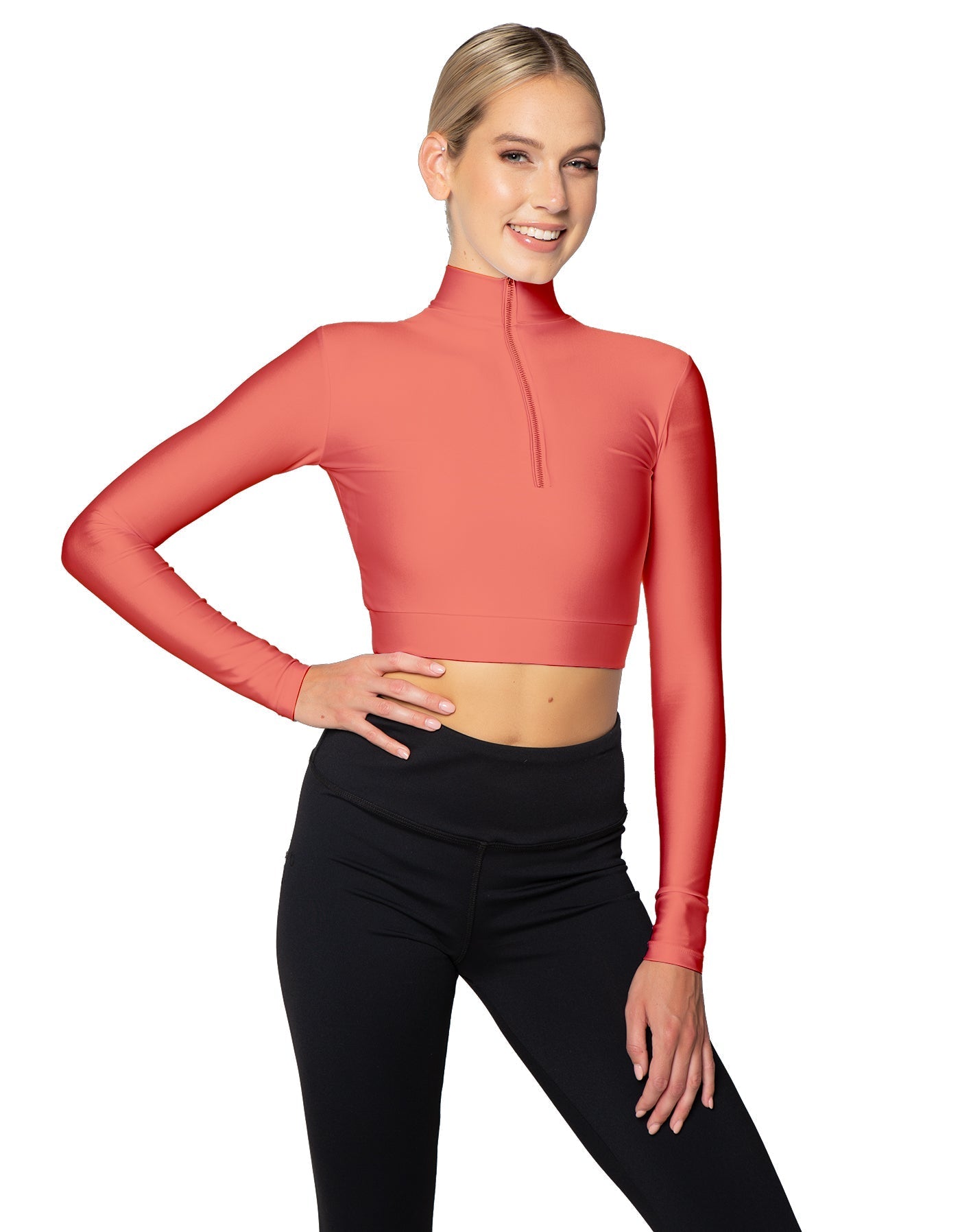 Solid Lycra LS Tneck Zipper Front Crop Top