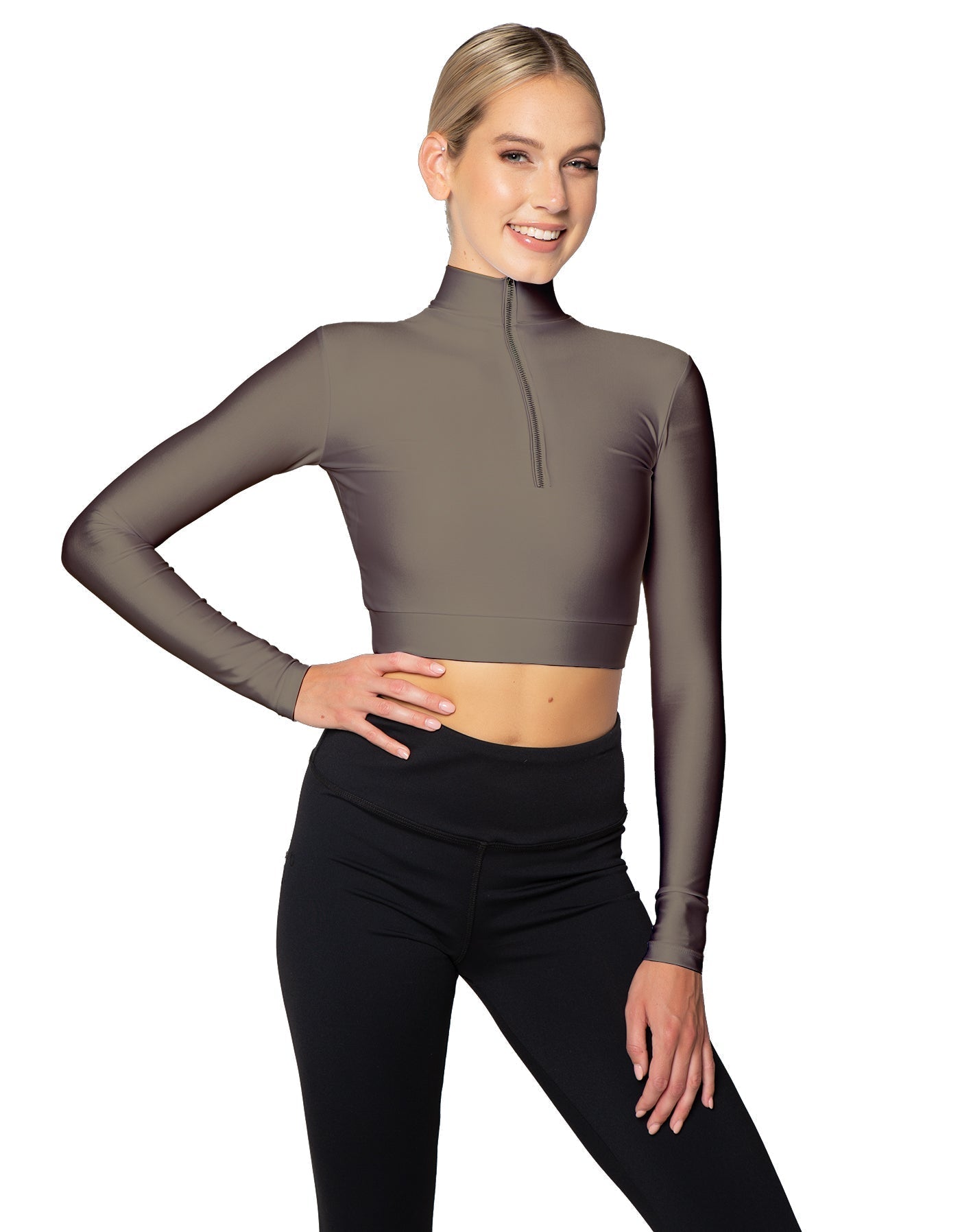 Solid Lycra LS Tneck Zipper Front Crop Top