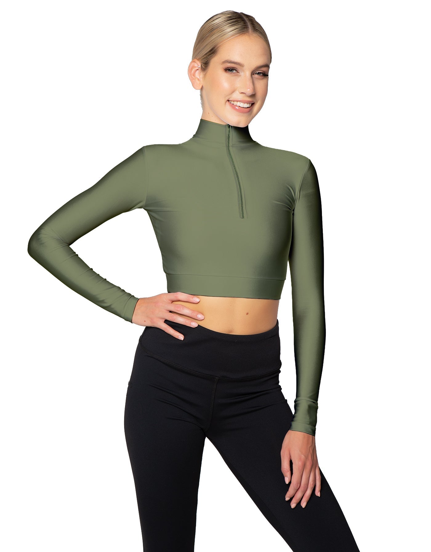 Solid Lycra LS Tneck Zipper Front Crop Top