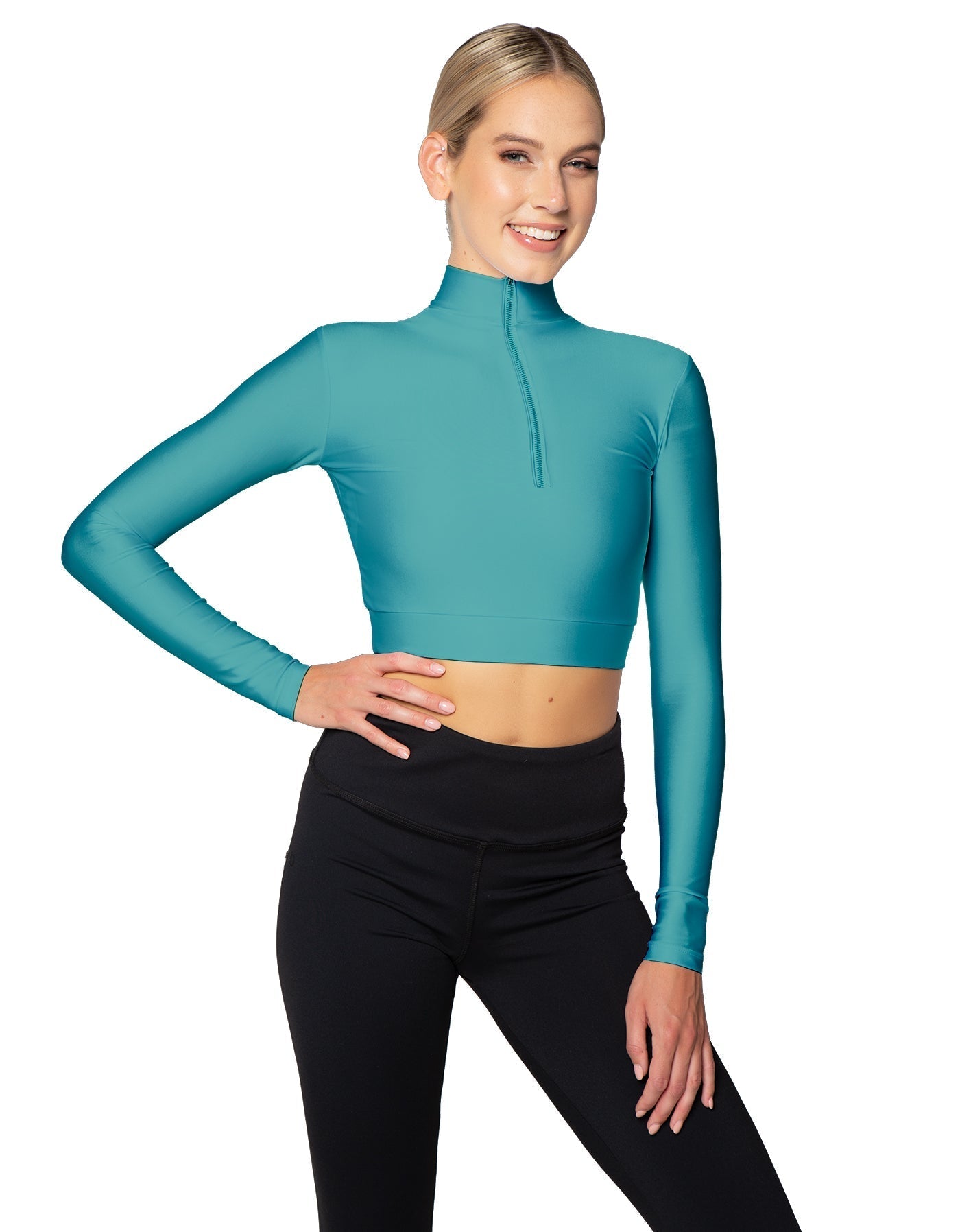 Solid Lycra LS Tneck Zipper Front Crop Top