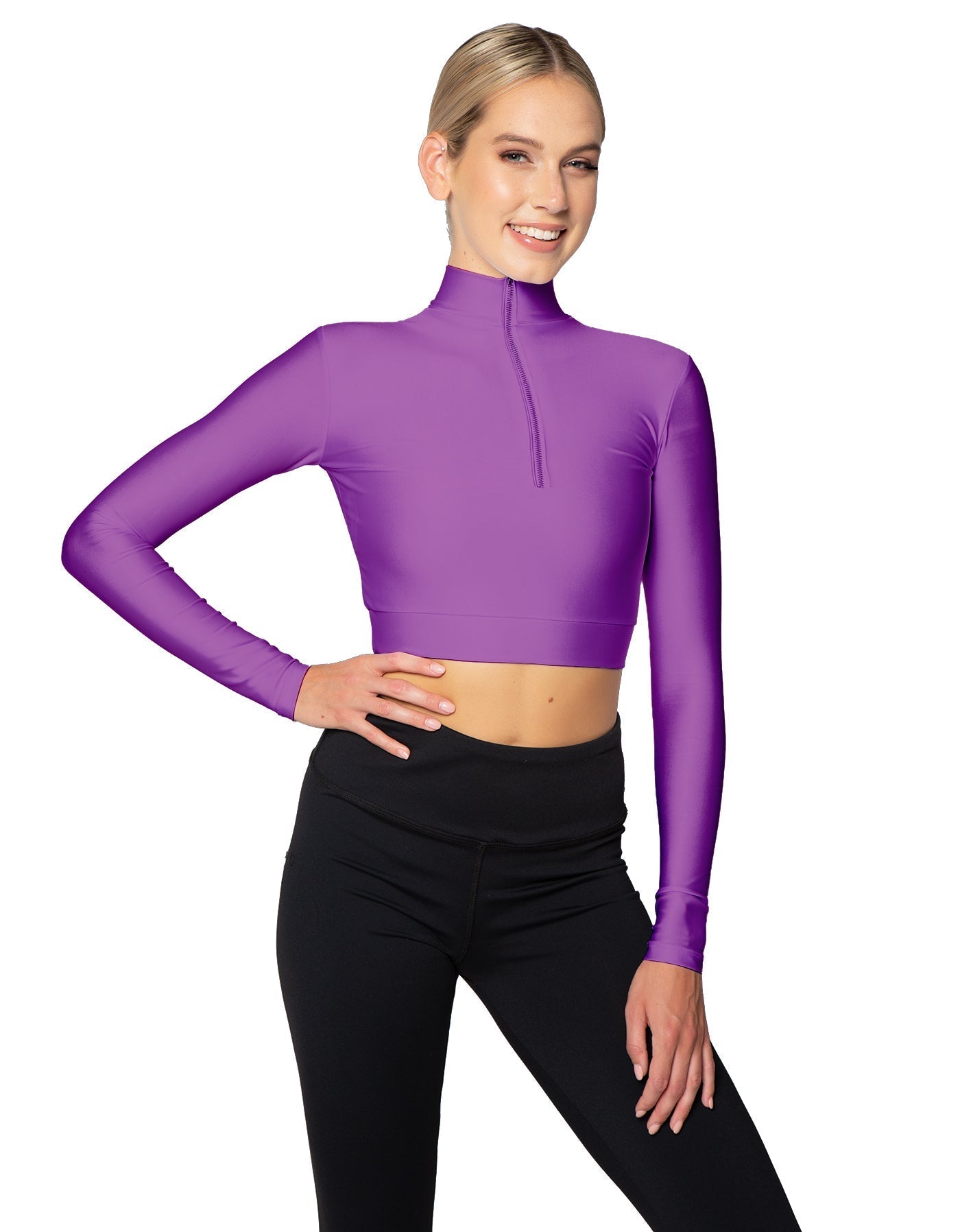 Solid Lycra LS Tneck Zipper Front Crop Top