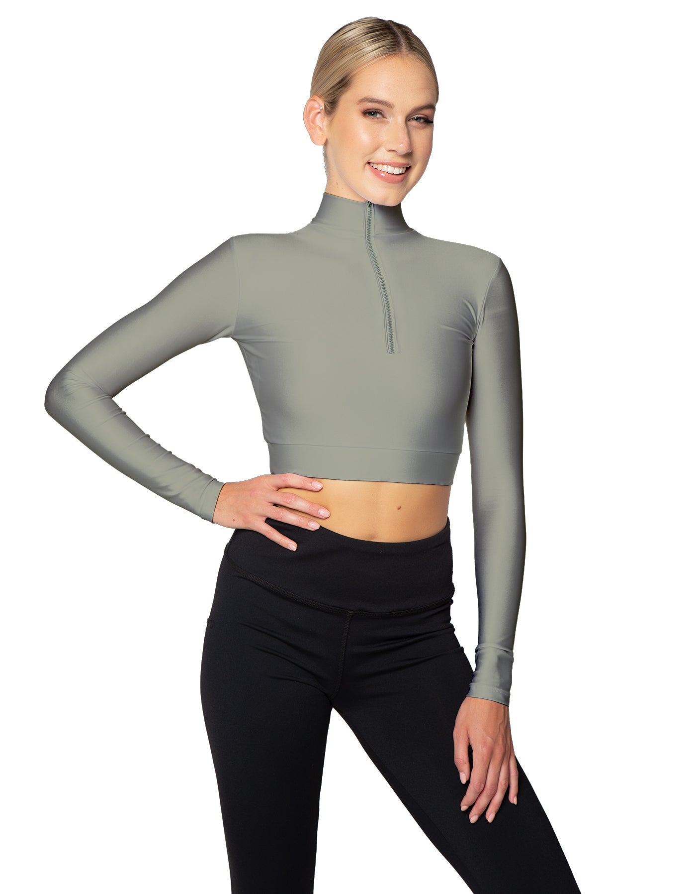 Solid Lycra LS Tneck Zipper Front Crop Top