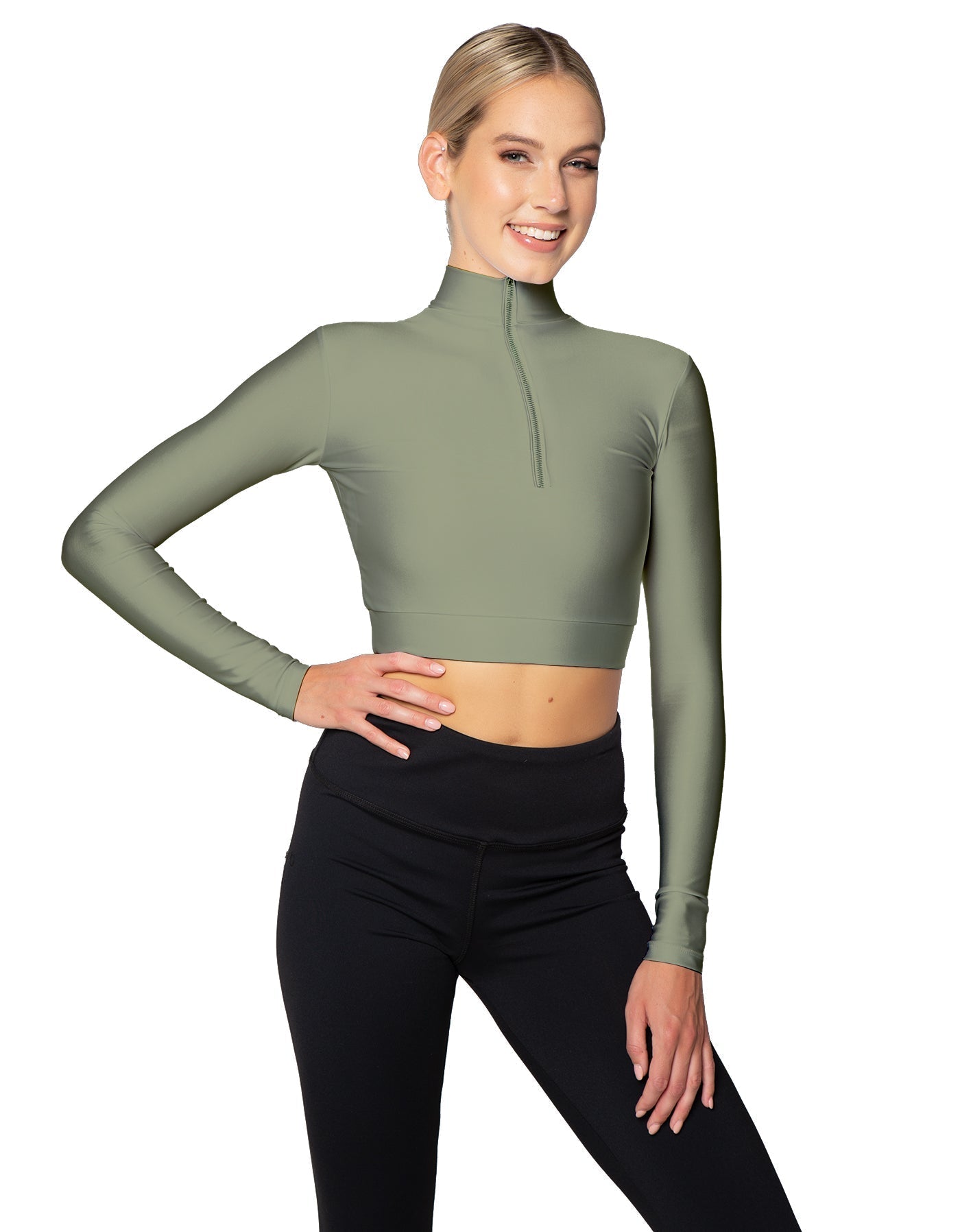 Solid Lycra LS Tneck Zipper Front Crop Top