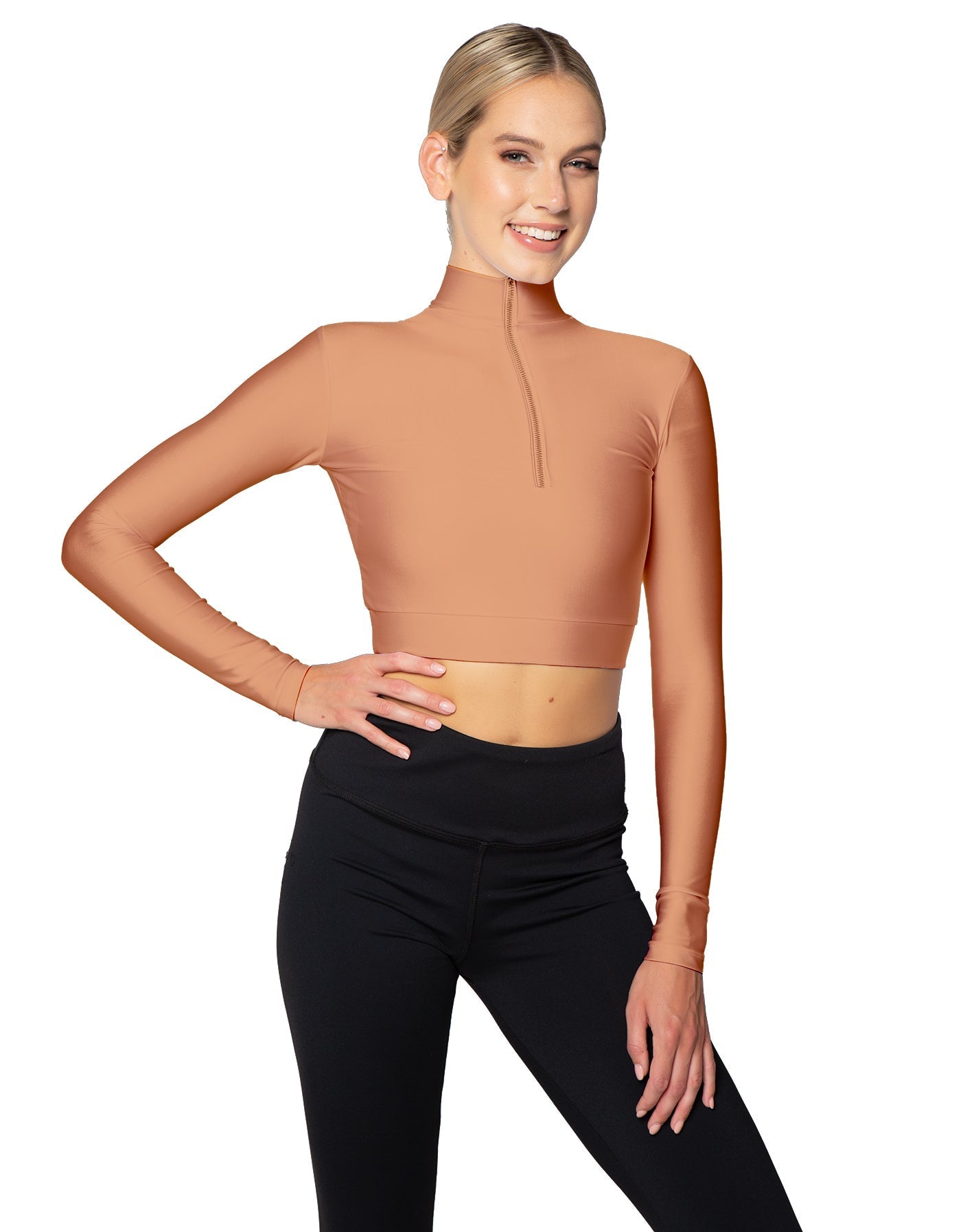 Solid Lycra LS Tneck Zipper Front Crop Top