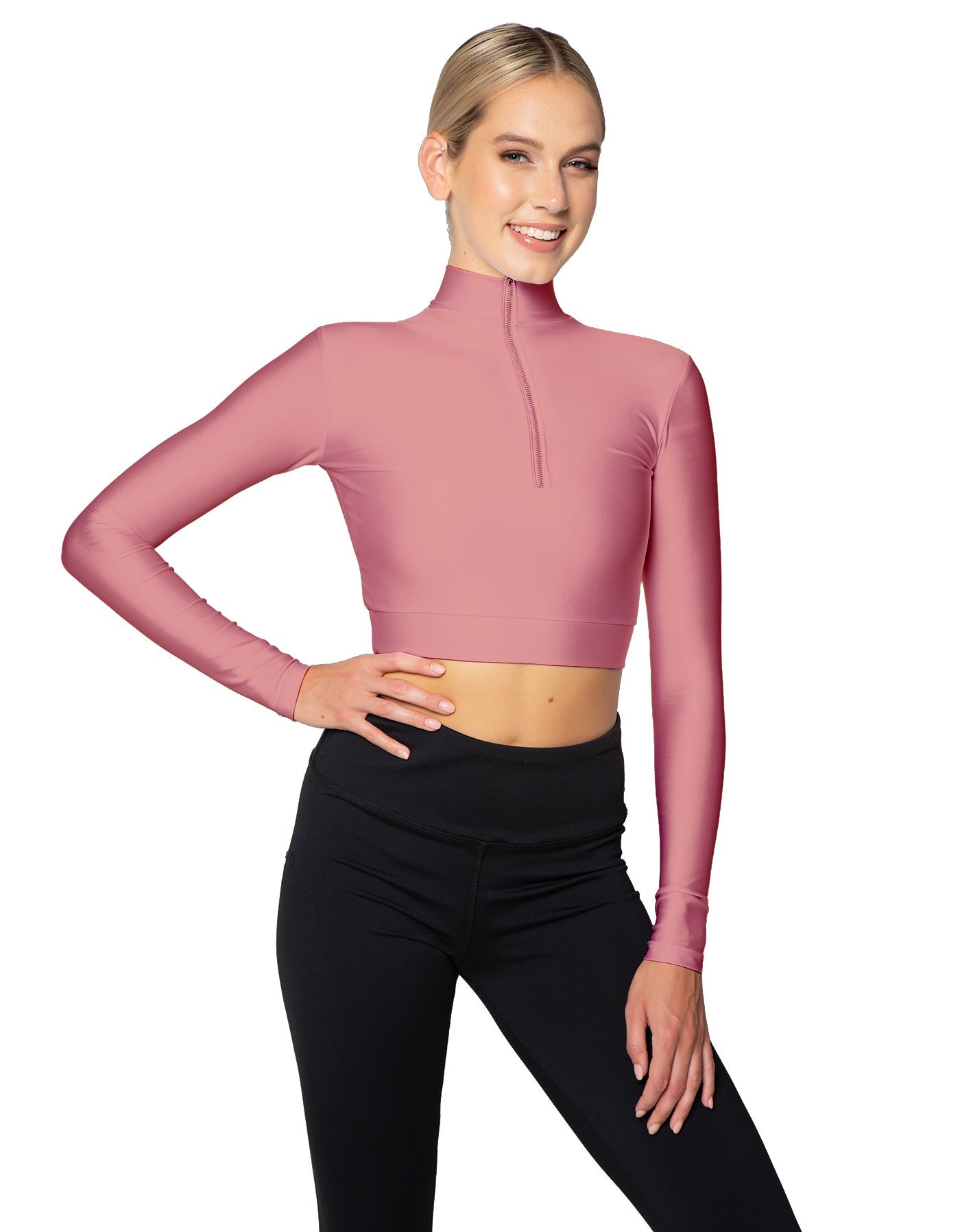 Solid Lycra LS Tneck Zipper Front Crop Top
